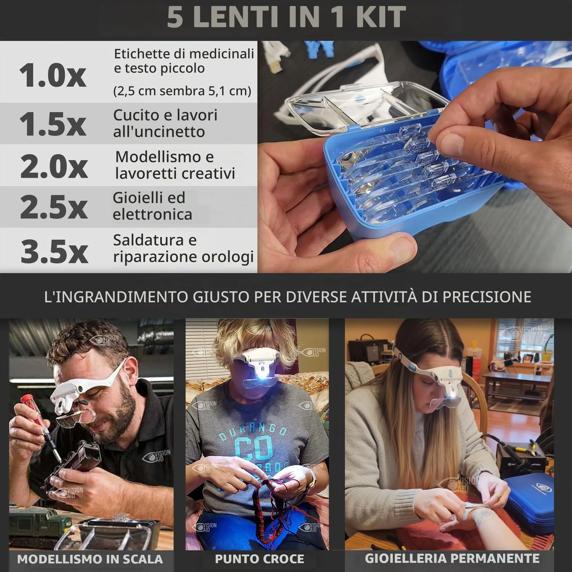 Vision Aid Lenti d'Ingrandimento con Luce LED Ricaricabile USB, 5 Lenti, Archetto e Custodia - immagine 3