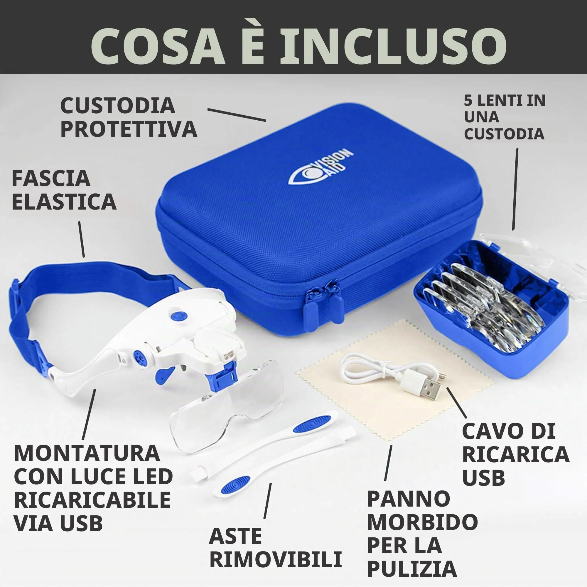 Vision Aid Lenti d'Ingrandimento con Luce LED Ricaricabile USB, 5 Lenti, Archetto e Custodia - immagine 5