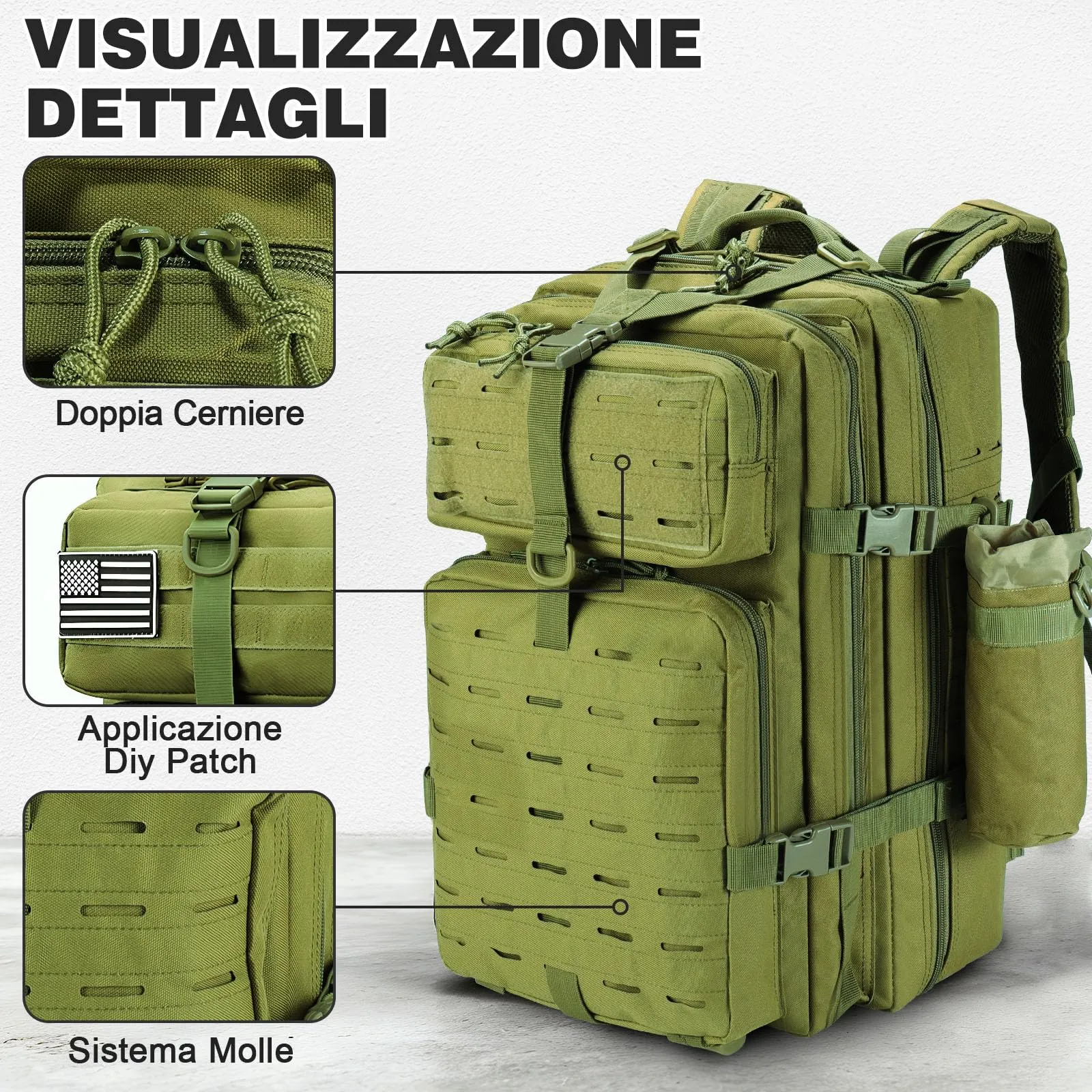 SHANNA Zaino Tattico Militare 45 Litri Assault Backpack con Sistema Molle e Borsa per Bottiglia d'Acqua - immagine 2