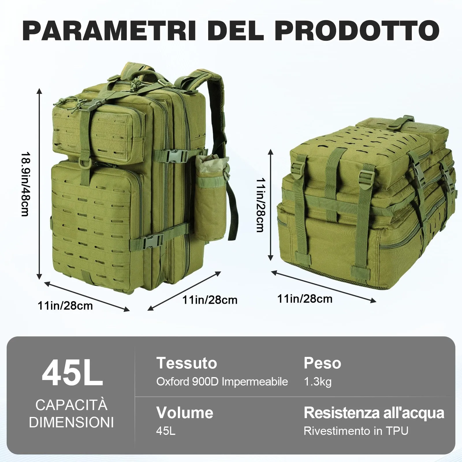 SHANNA Zaino Tattico Militare 45 Litri Assault Backpack con Sistema Molle e Borsa per Bottiglia d'Acqua - immagine 5