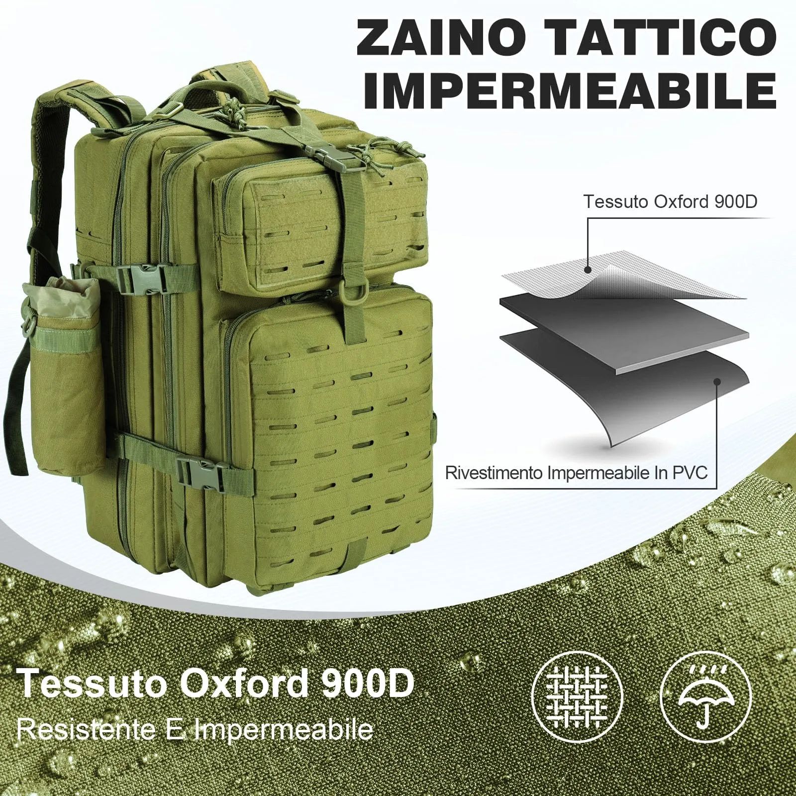 SHANNA Zaino Tattico Militare 45 Litri Assault Backpack con Sistema Molle e Borsa per Bottiglia d'Acqua - immagine 6