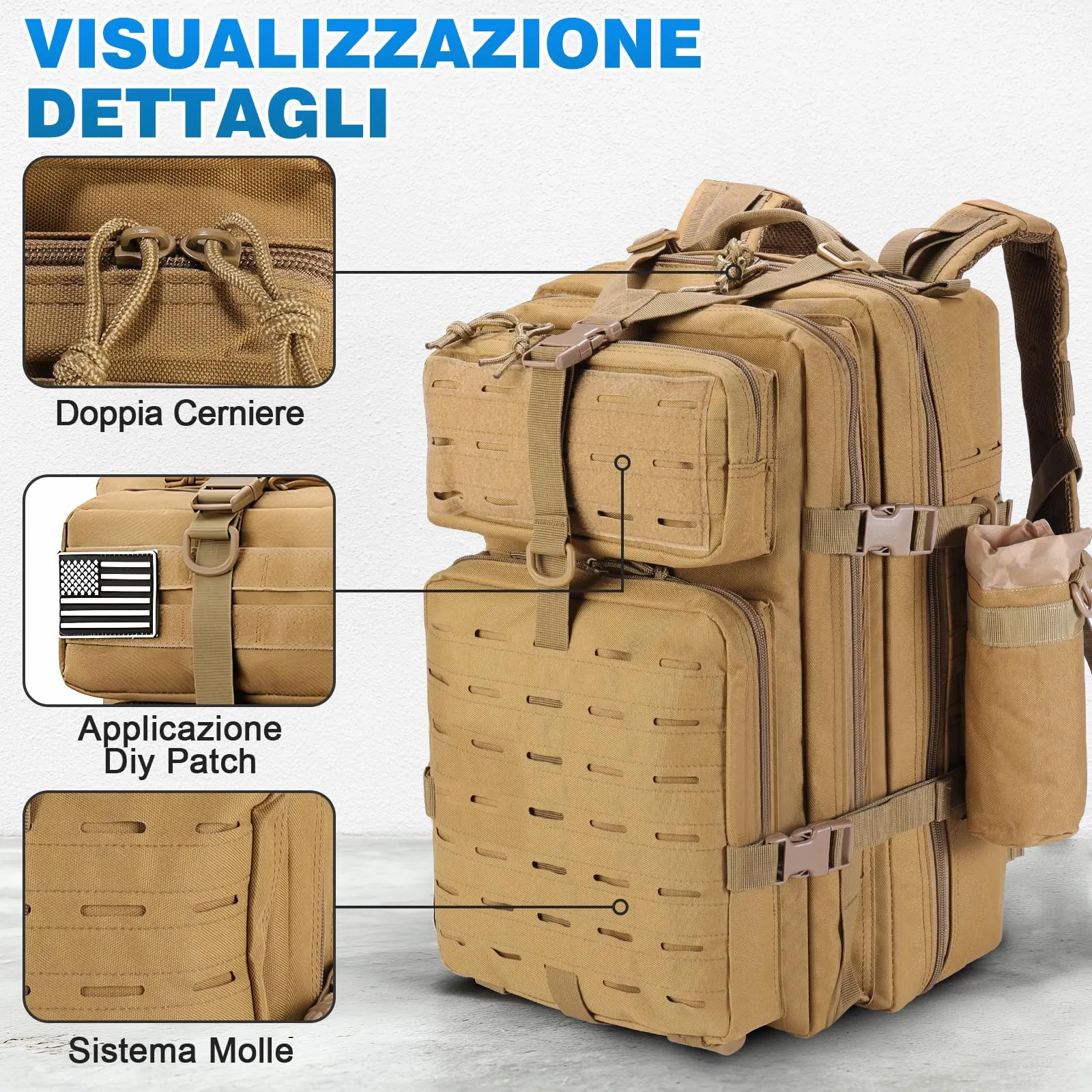SHANNA Zaino Tattico Militare 45 Litri Impermeabile con Sistema Molle per Hiking, Campeggio e Trekking - immagine 2