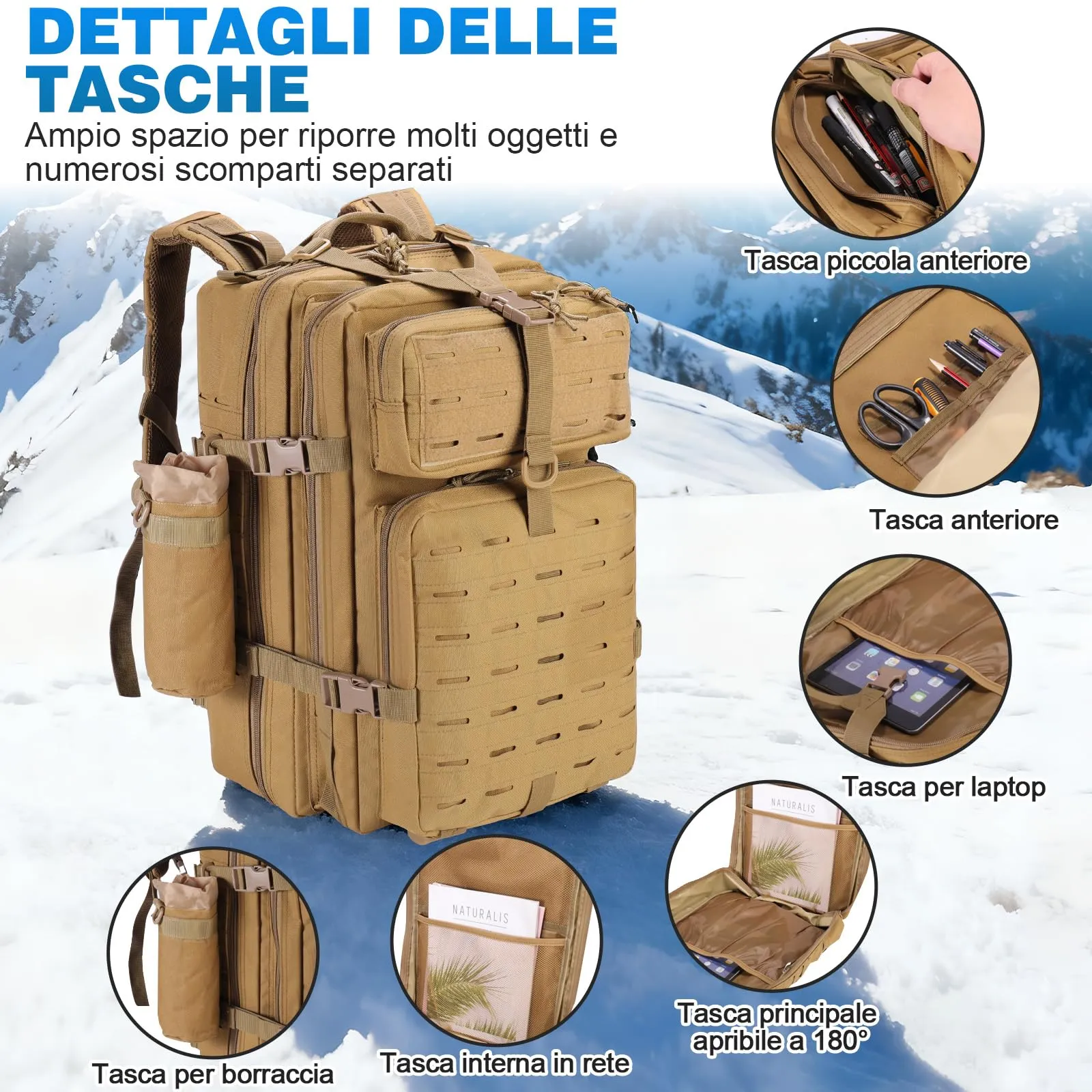 SHANNA Zaino Tattico Militare 45 Litri Impermeabile con Sistema Molle per Hiking, Campeggio e Trekking - immagine 3