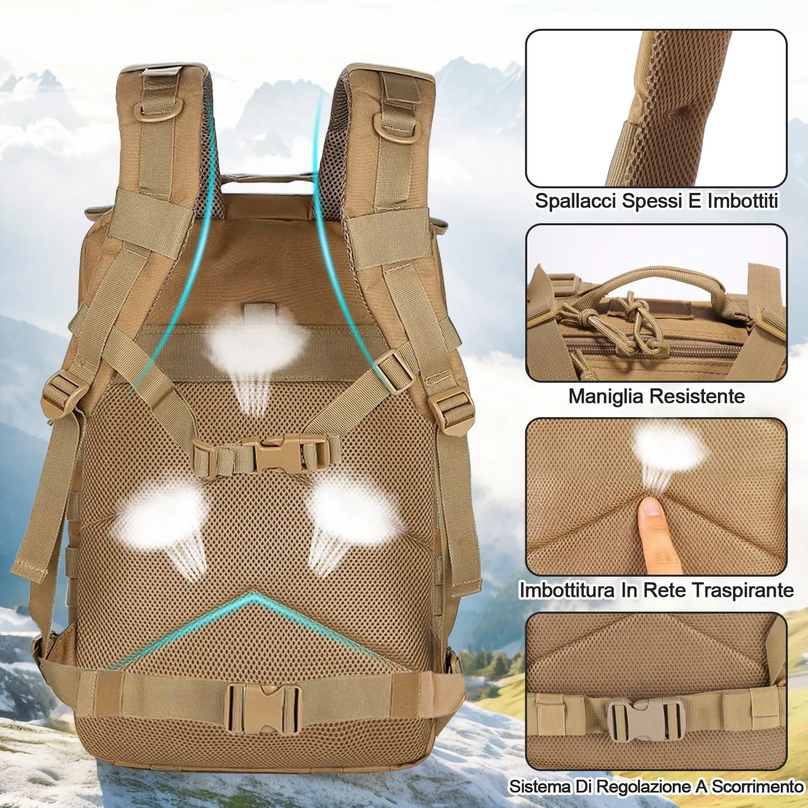 SHANNA Zaino Tattico Militare 45 Litri Impermeabile con Sistema Molle per Hiking, Campeggio e Trekking - immagine 4