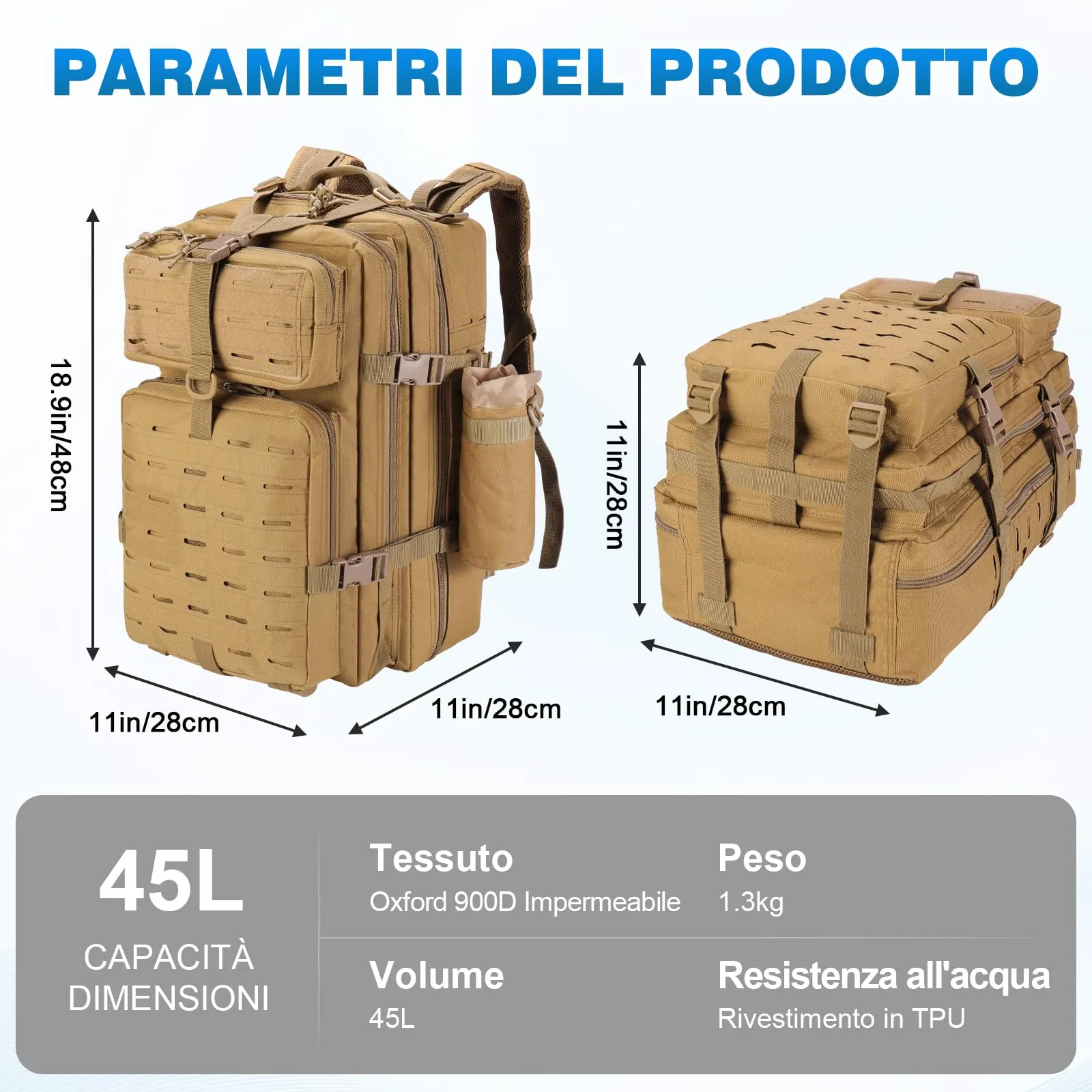 SHANNA Zaino Tattico Militare 45 Litri Impermeabile con Sistema Molle per Hiking, Campeggio e Trekking - immagine 5