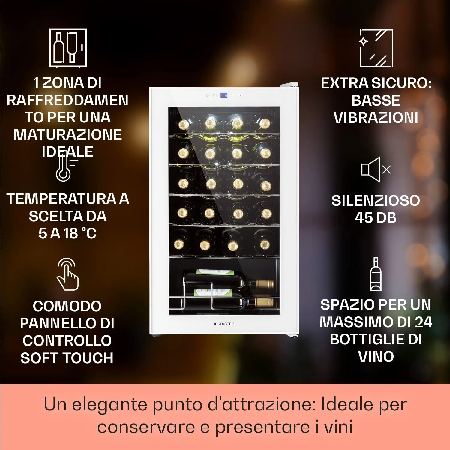Klarstein Shiraz Cantinetta Vino Bianco - 24 Bottiglie, 63 L, 1 Zona, Inox - immagine 2