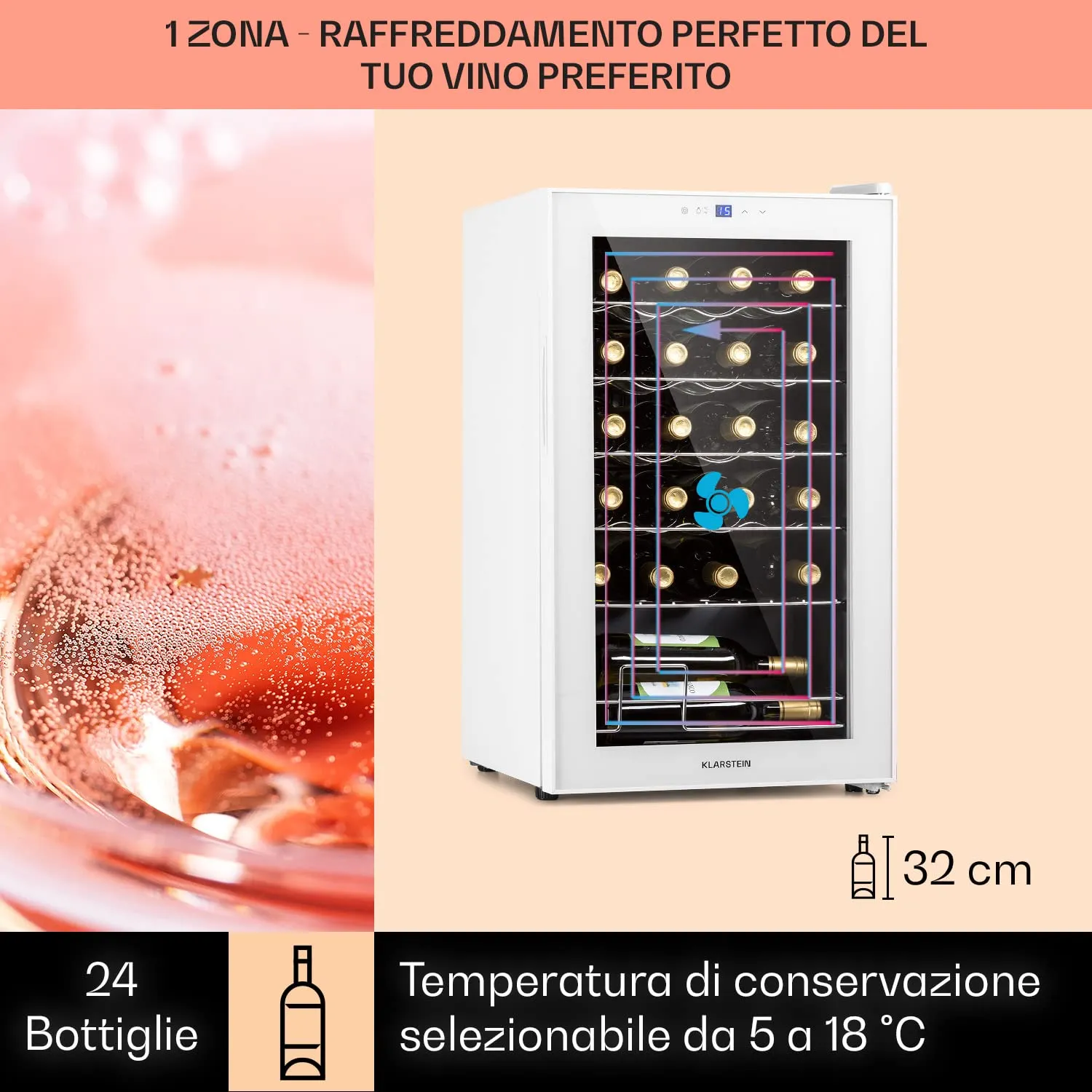 Klarstein Shiraz Cantinetta Vino Bianco - 24 Bottiglie, 63 L, 1 Zona, Inox - immagine 3