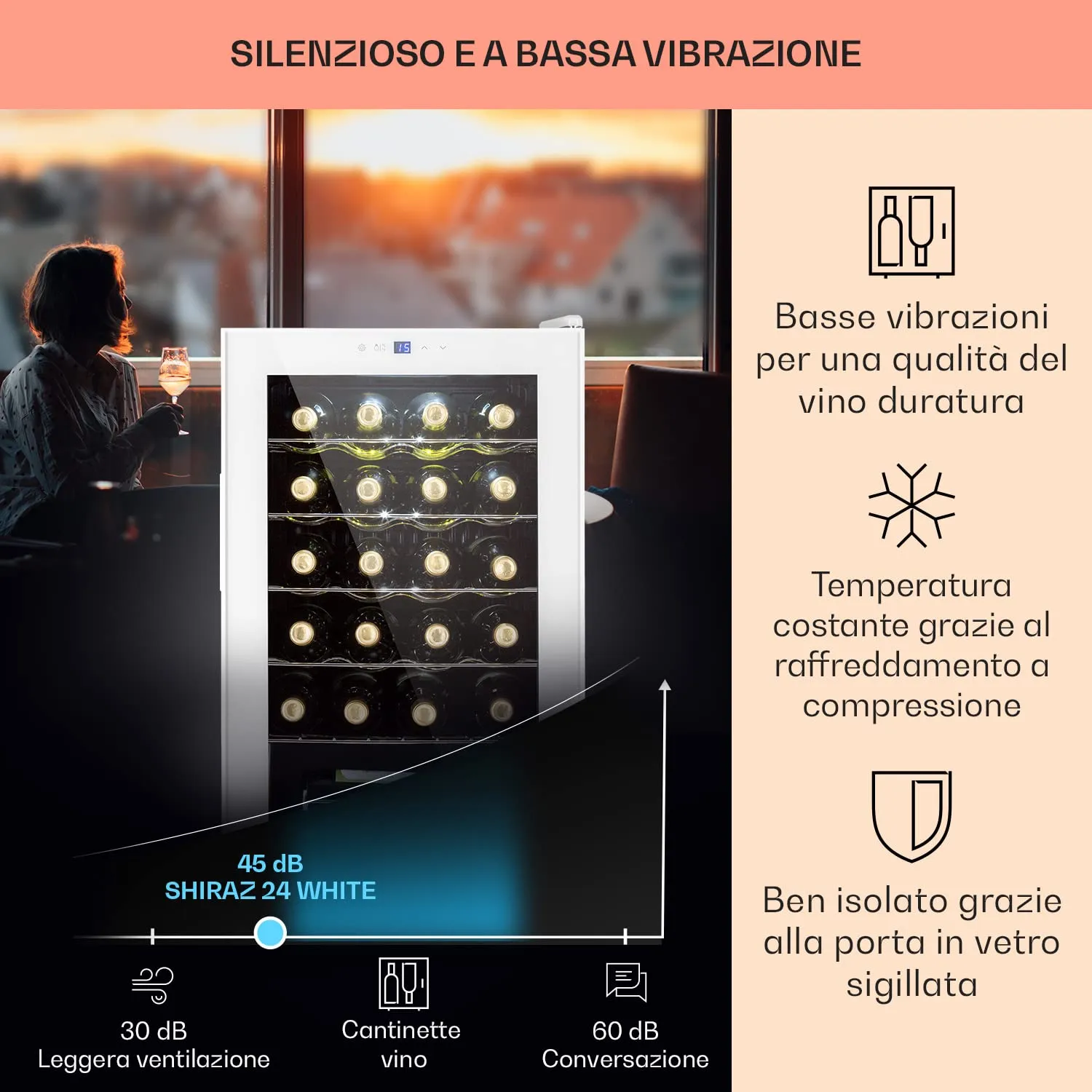Klarstein Shiraz Cantinetta Vino Bianco - 24 Bottiglie, 63 L, 1 Zona, Inox - immagine 4