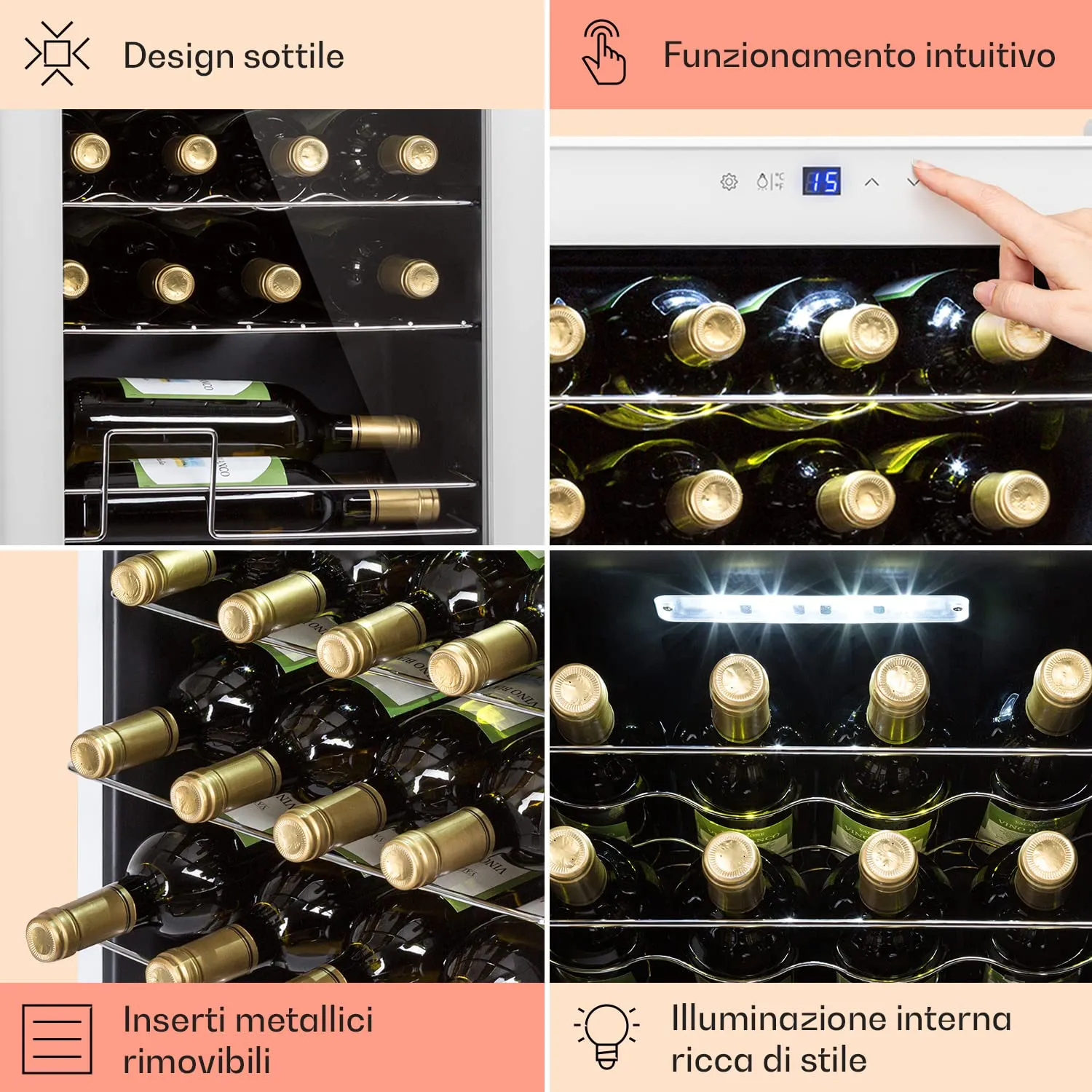 Klarstein Shiraz Cantinetta Vino Bianco - 24 Bottiglie, 63 L, 1 Zona, Inox - immagine 5