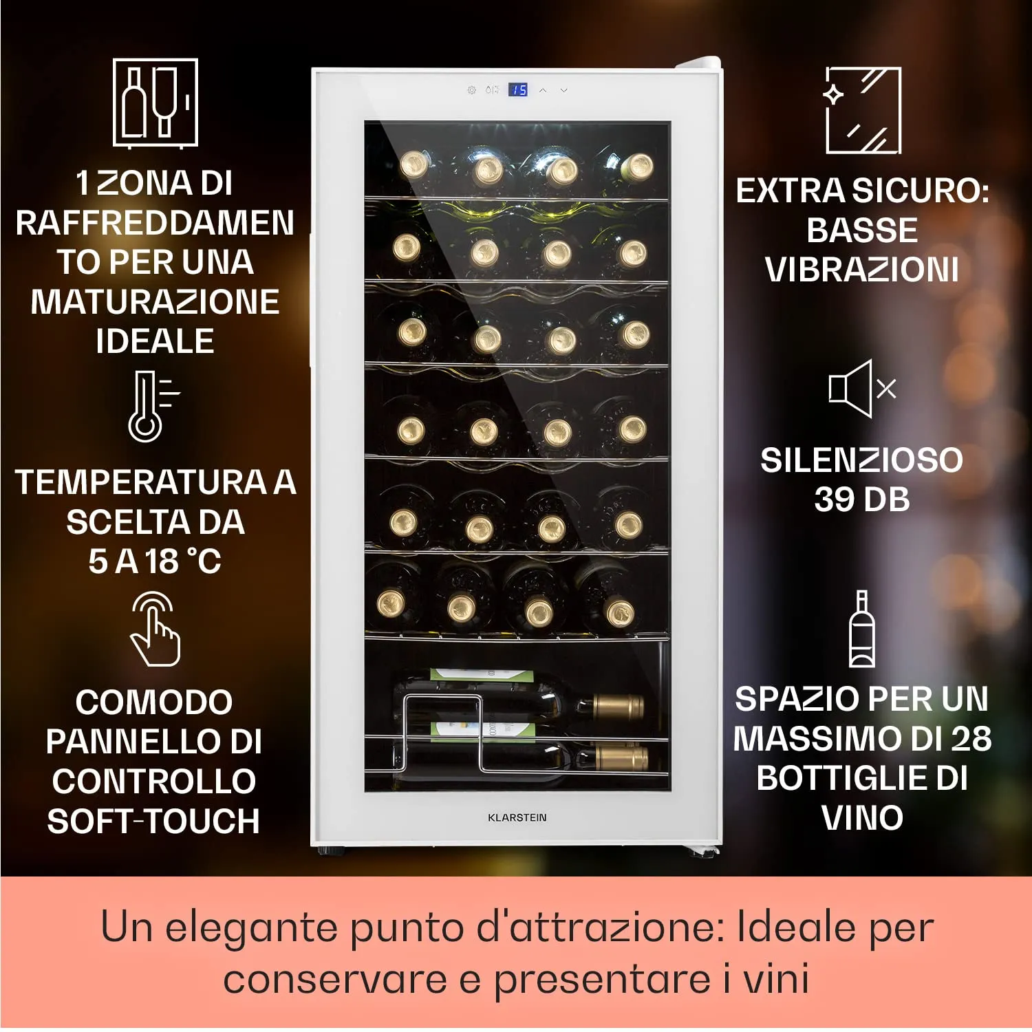 Klarstein Shiraz Cantinetta Vino Bianco, 28 Bottiglie, 74 L, 1 Zona, 5–18 °C, LED, Telaio Inox - immagine 2