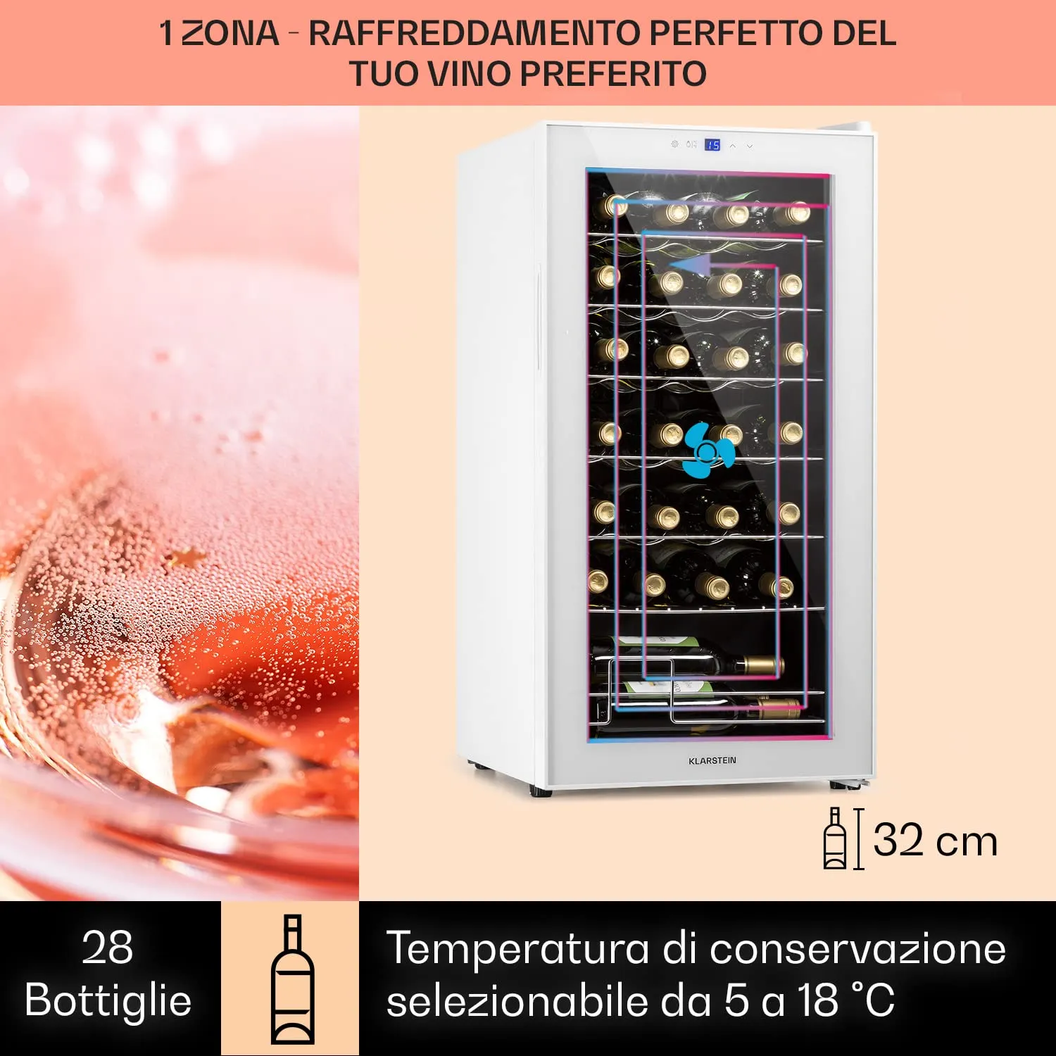 Klarstein Shiraz Cantinetta Vino Bianco, 28 Bottiglie, 74 L, 1 Zona, 5–18 °C, LED, Telaio Inox - immagine 3