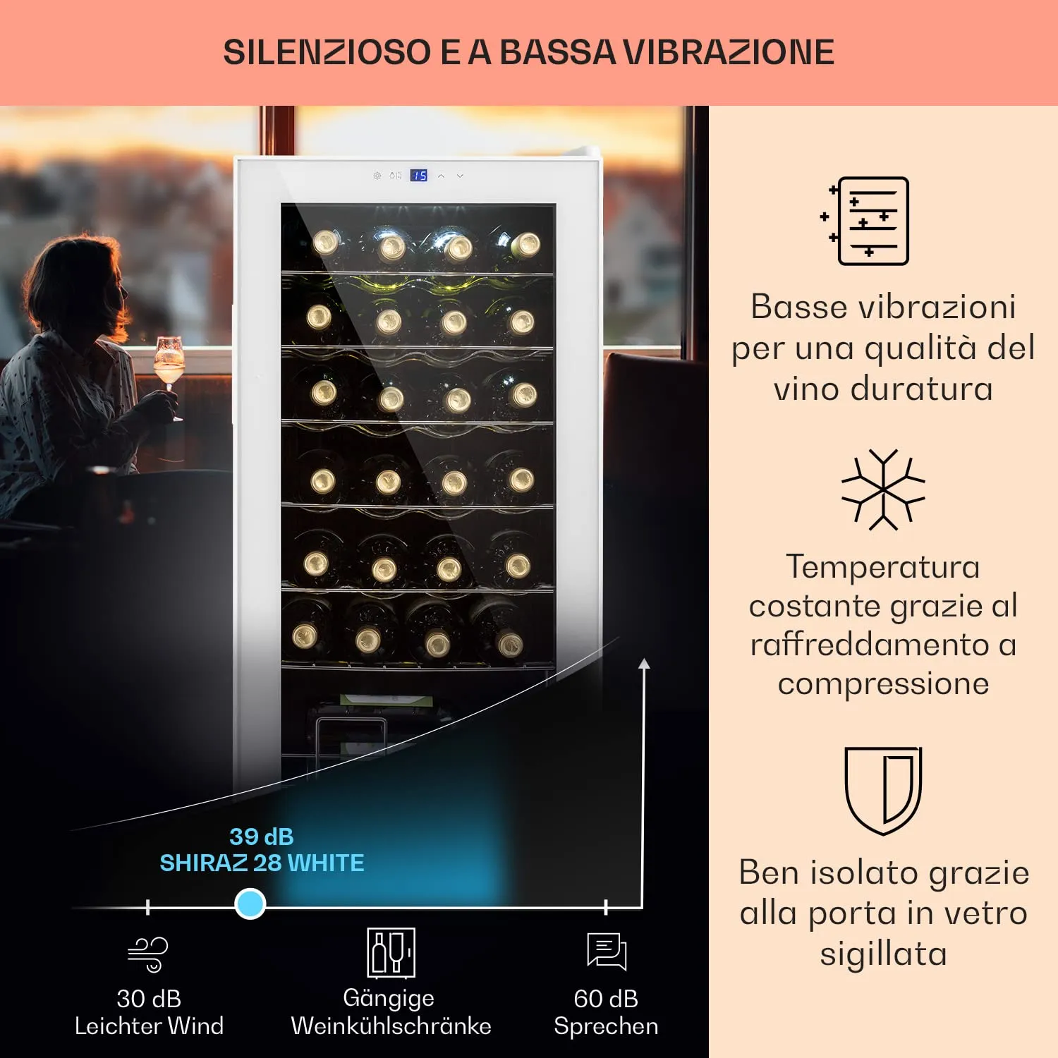 Klarstein Shiraz Cantinetta Vino Bianco, 28 Bottiglie, 74 L, 1 Zona, 5–18 °C, LED, Telaio Inox - immagine 4