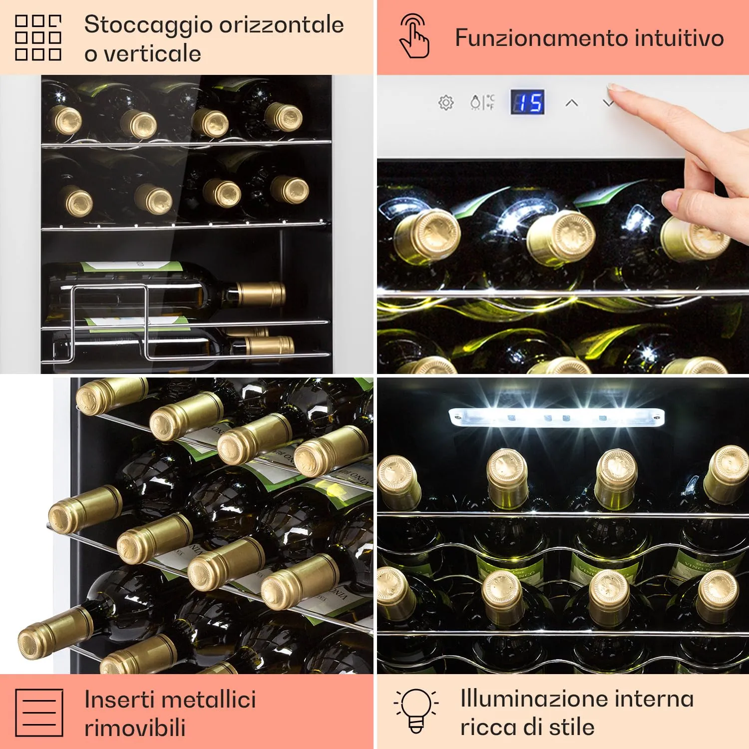 Klarstein Shiraz Cantinetta Vino Bianco, 28 Bottiglie, 74 L, 1 Zona, 5–18 °C, LED, Telaio Inox - immagine 5