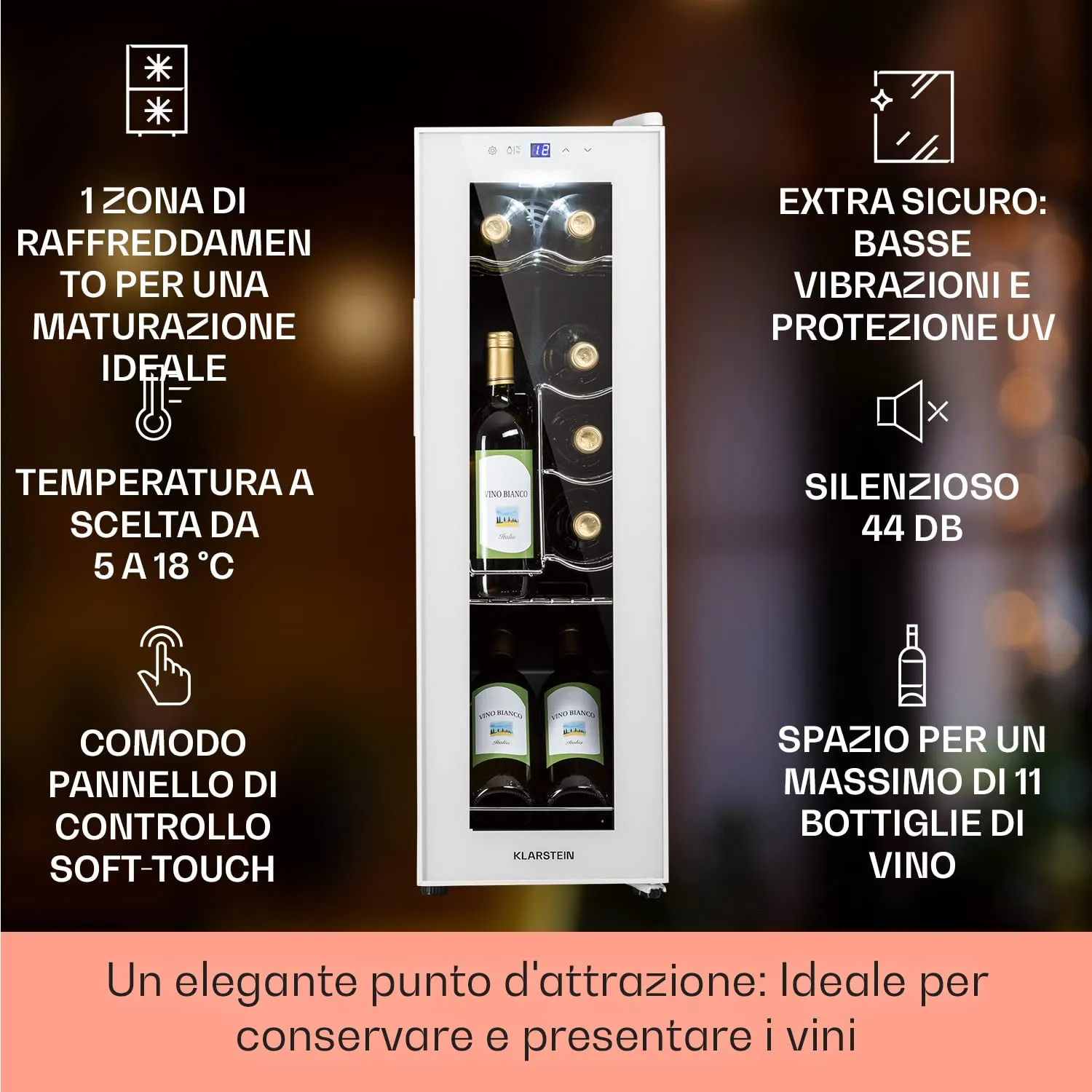 Klarstein Shiraz Cantinetta Vino Bianco, 12 Bottiglie, 32 L, 1 Zona, 5–18 °C, LED, Inox - immagine 2