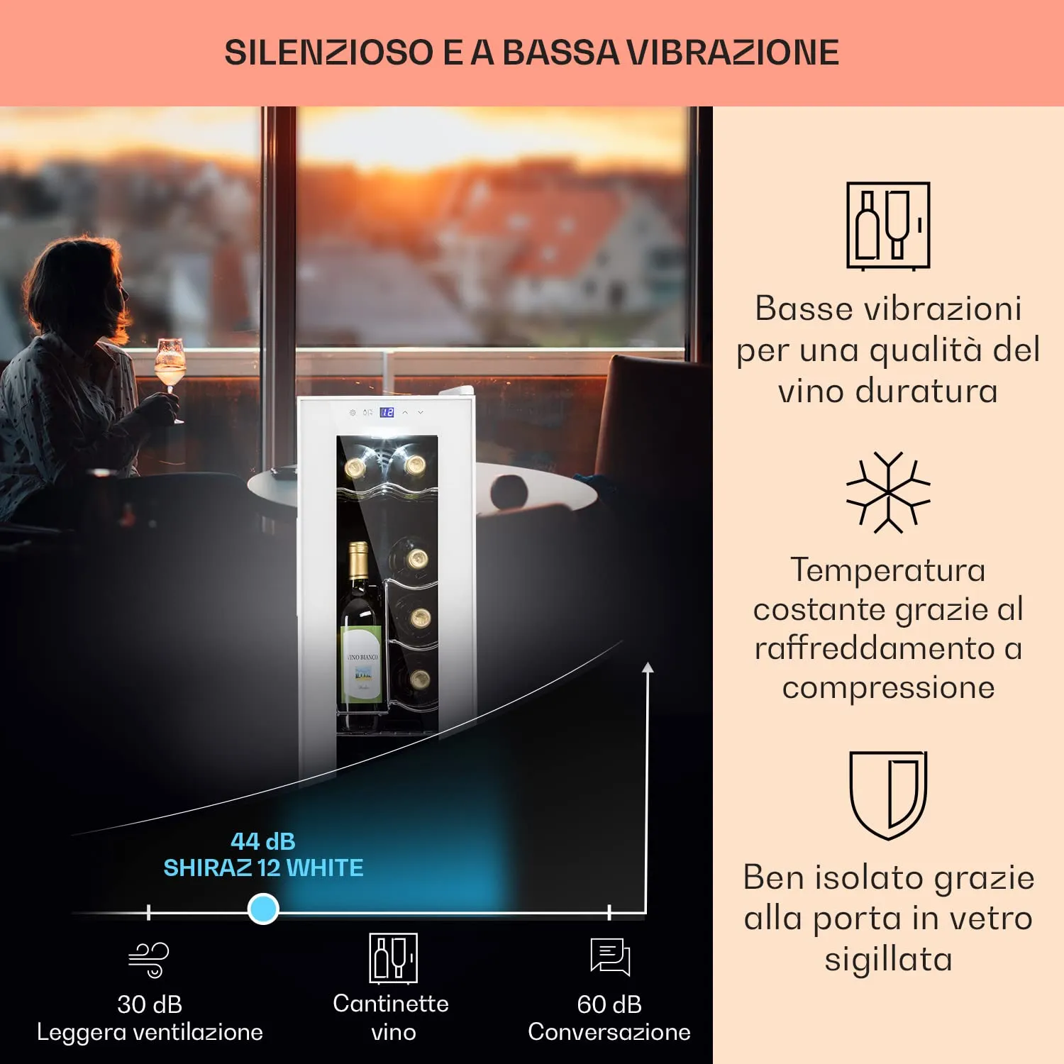 Klarstein Shiraz Cantinetta Vino Bianco, 12 Bottiglie, 32 L, 1 Zona, 5–18 °C, LED, Inox - immagine 3