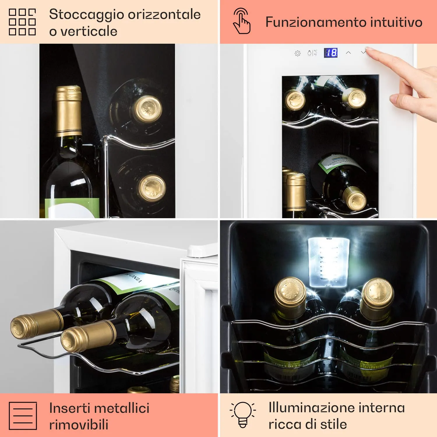 Klarstein Shiraz Cantinetta Vino Bianco, 12 Bottiglie, 32 L, 1 Zona, 5–18 °C, LED, Inox - immagine 4
