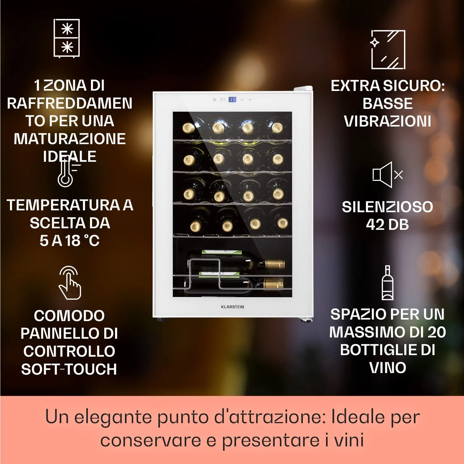 Klarstein Shiraz Cantinetta Vino Bianco, 20 Bottiglie, 53 L, 1 Zona, 5–18 °C, LED, Telaio Inox - immagine 2