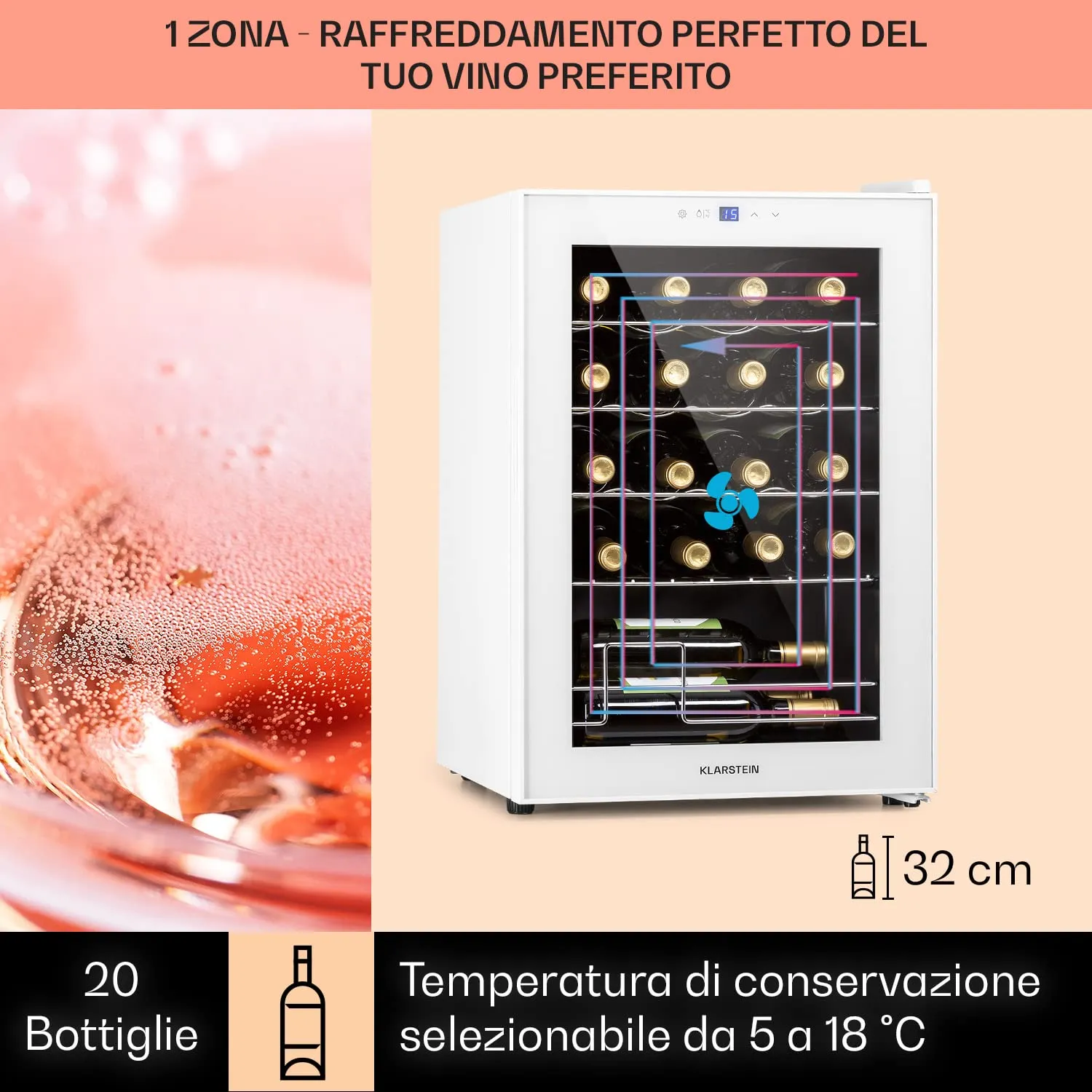 Klarstein Shiraz Cantinetta Vino Bianco, 20 Bottiglie, 53 L, 1 Zona, 5–18 °C, LED, Telaio Inox - immagine 3