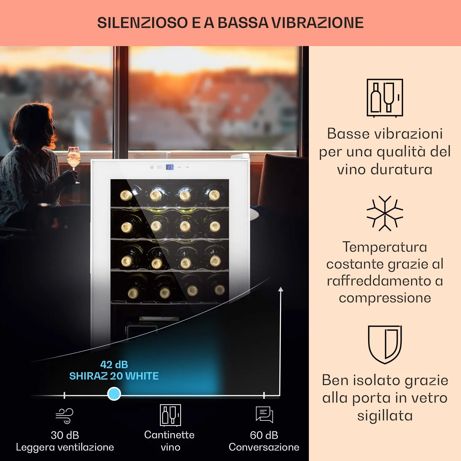 Klarstein Shiraz Cantinetta Vino Bianco, 20 Bottiglie, 53 L, 1 Zona, 5–18 °C, LED, Telaio Inox - immagine 4