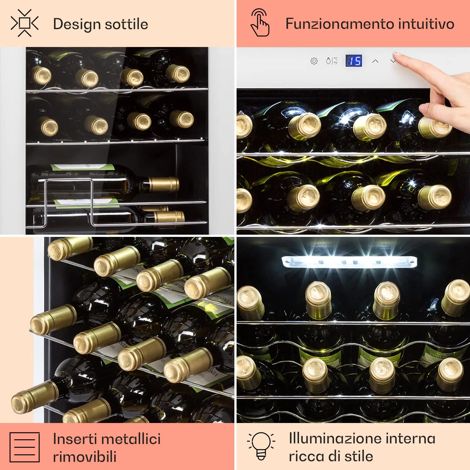 Klarstein Shiraz Cantinetta Vino Bianco, 20 Bottiglie, 53 L, 1 Zona, 5–18 °C, LED, Telaio Inox - immagine 5