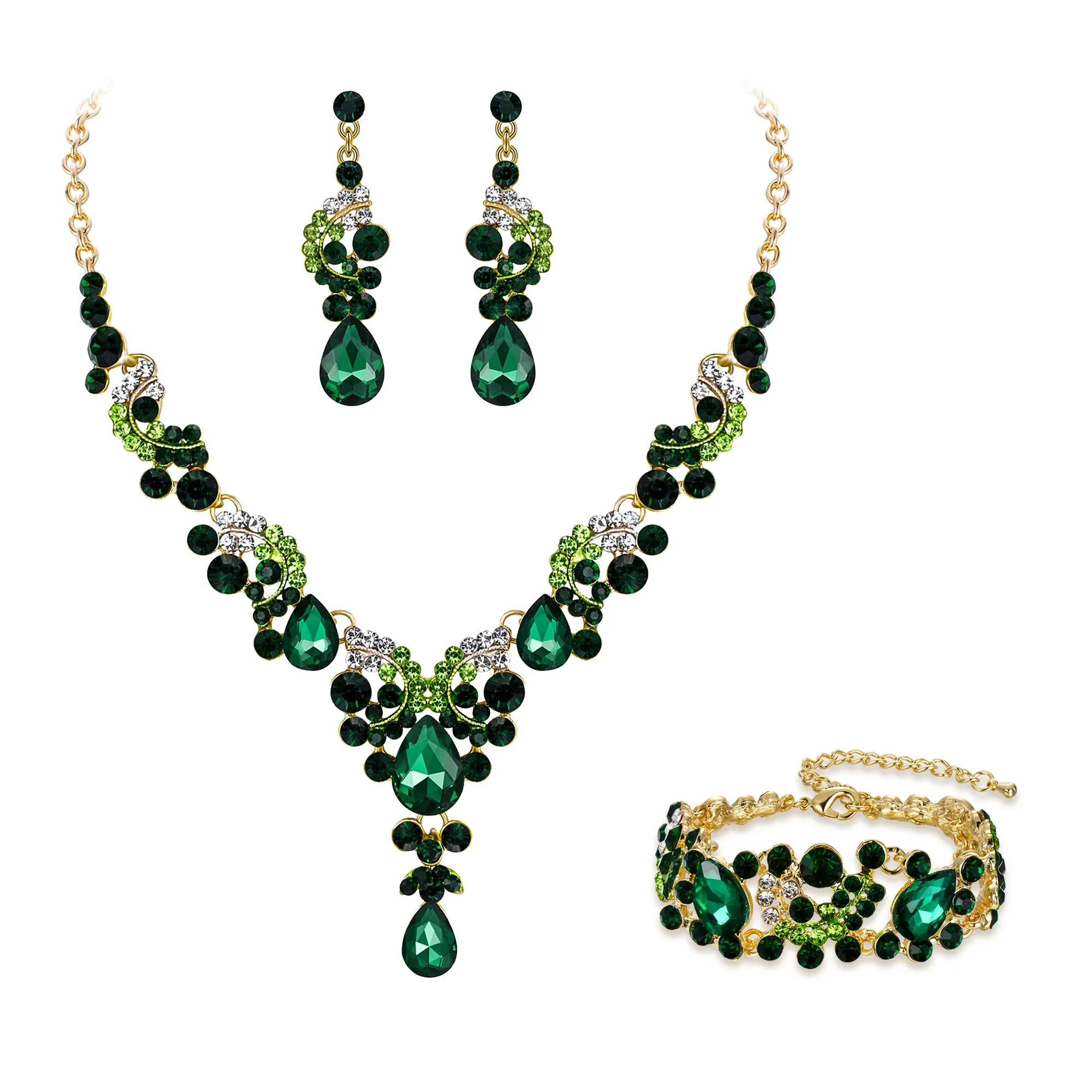 EVER FAITH Set di Gioielli in Cristallo Art Deco Floreale con Collana, Bracciale, Anello e Orecchini, Verde Oro-Fondo - immagine 1