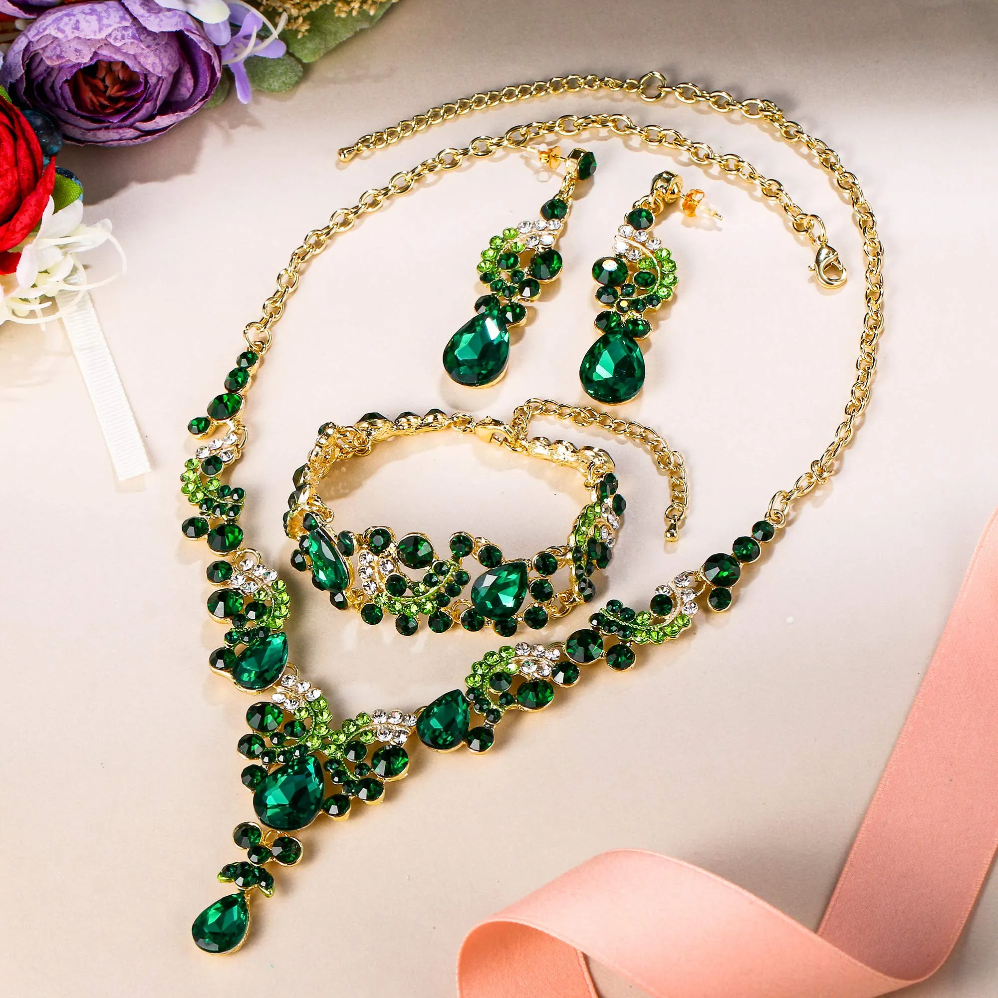 EVER FAITH Set di Gioielli in Cristallo Art Deco Floreale con Collana, Bracciale, Anello e Orecchini, Verde Oro-Fondo - immagine 3