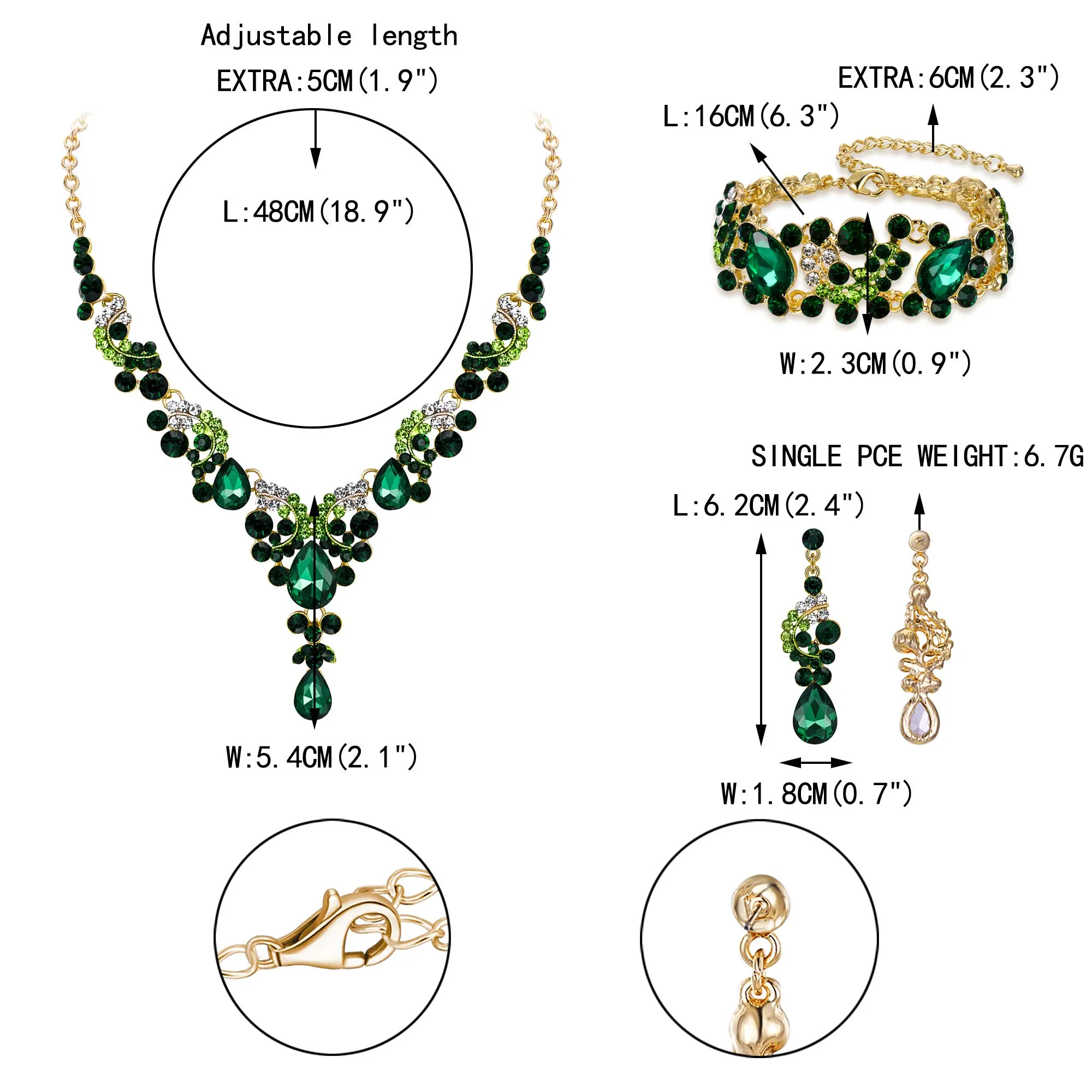 EVER FAITH Set di Gioielli in Cristallo Art Deco Floreale con Collana, Bracciale, Anello e Orecchini, Verde Oro-Fondo - immagine 4