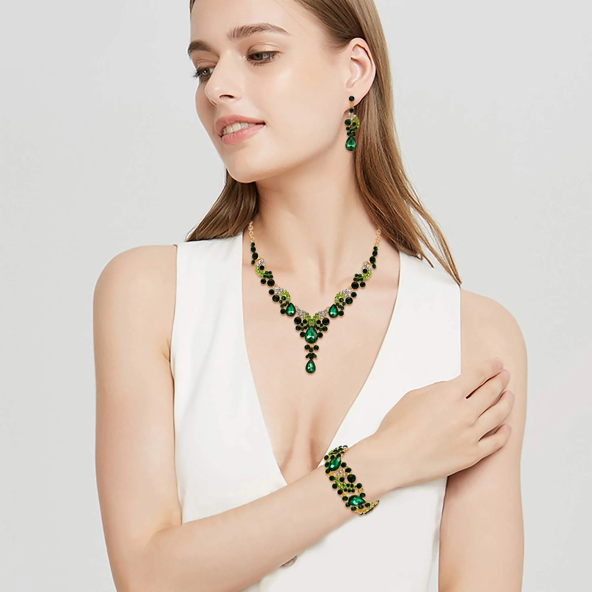 EVER FAITH Set di Gioielli in Cristallo Art Deco Floreale con Collana, Bracciale, Anello e Orecchini, Verde Oro-Fondo - immagine 5