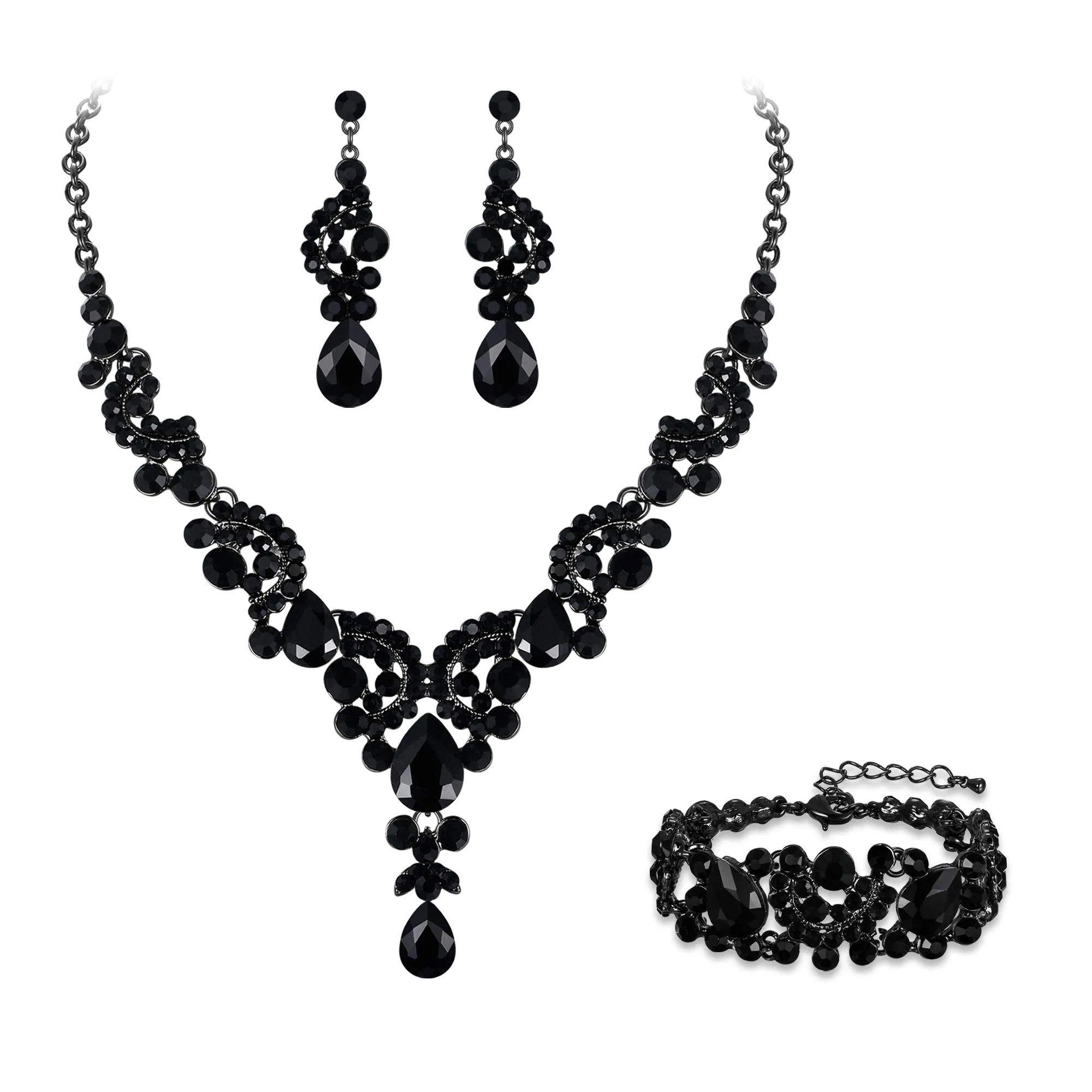 EVER FAITH Set di Gioielli in Cristallo Art Deco Floreale con Collana, Bracciale, Anello e Orecchini, Nero - immagine 1