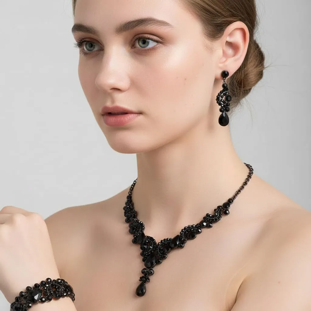 EVER FAITH Set di Gioielli in Cristallo Art Deco Floreale con Collana, Bracciale, Anello e Orecchini, Nero - immagine 2