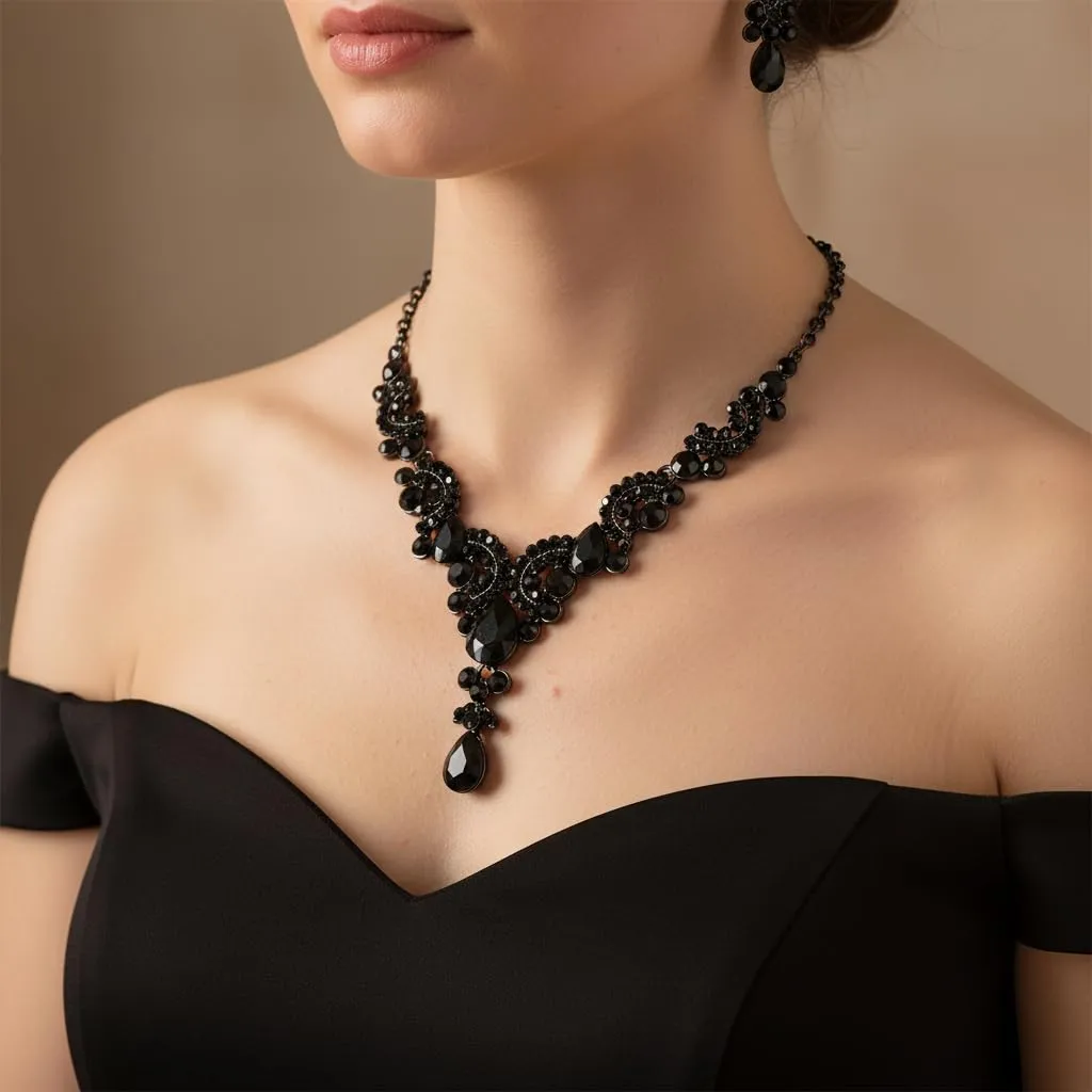 EVER FAITH Set di Gioielli in Cristallo Art Deco Floreale con Collana, Bracciale, Anello e Orecchini, Nero - immagine 3
