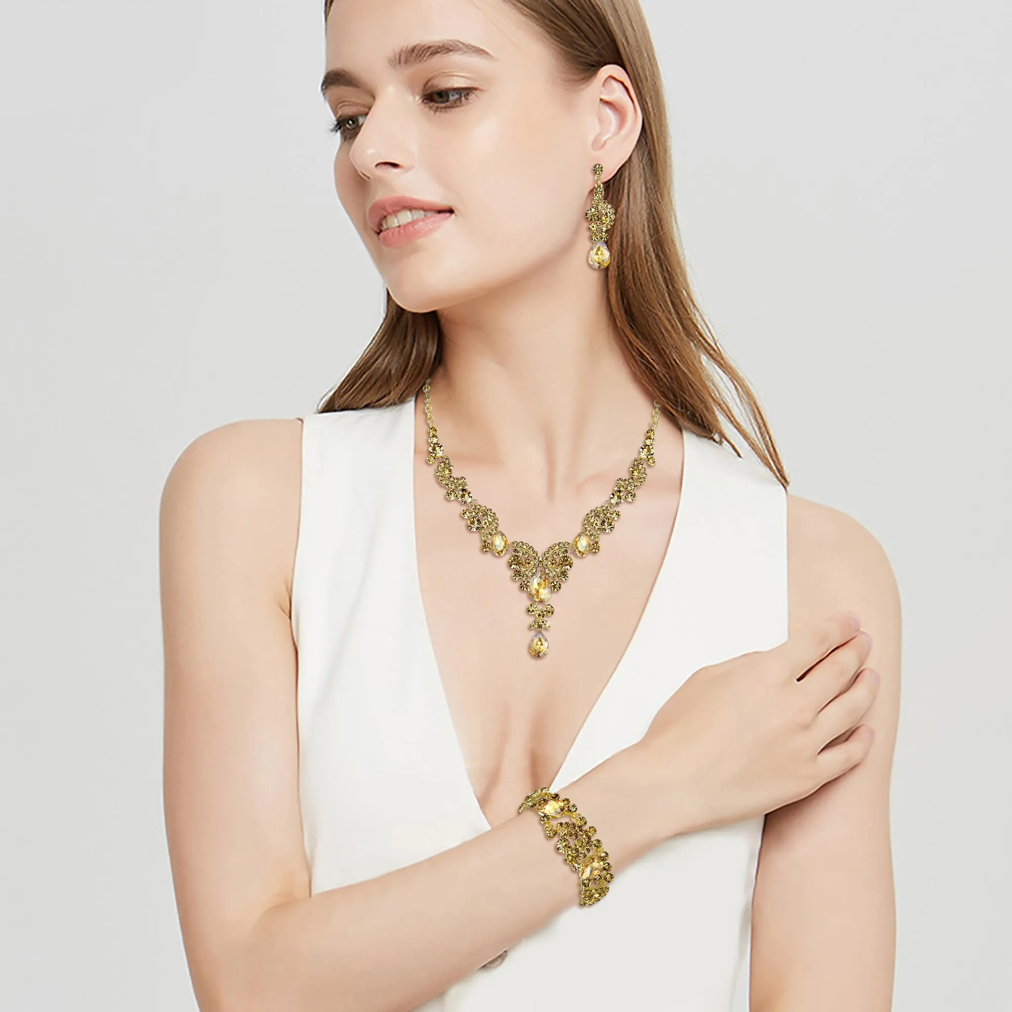 EVER FAITH Set di Gioielli in Cristallo Austriaco Art Deco Floreale, Collana, Bracciale, Anello e Orecchini, Marrone Oro-Fondo - immagine 5