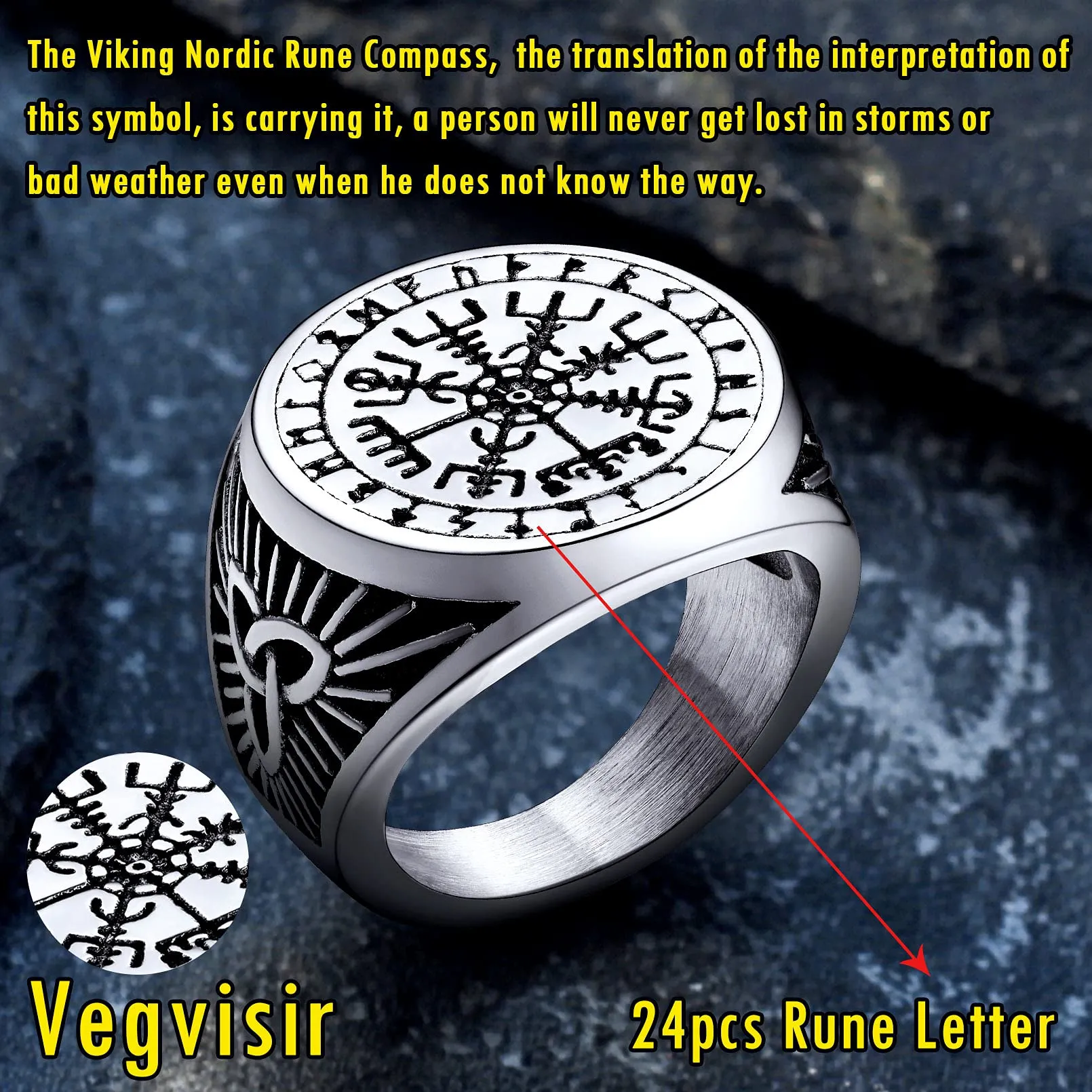 FaithHeart Anello Uomo Vichingo Bussola Vegvisir Mitologia Nordica Rune e Nodo Celtico, Argento, Taglia IT 27 - immagine 4