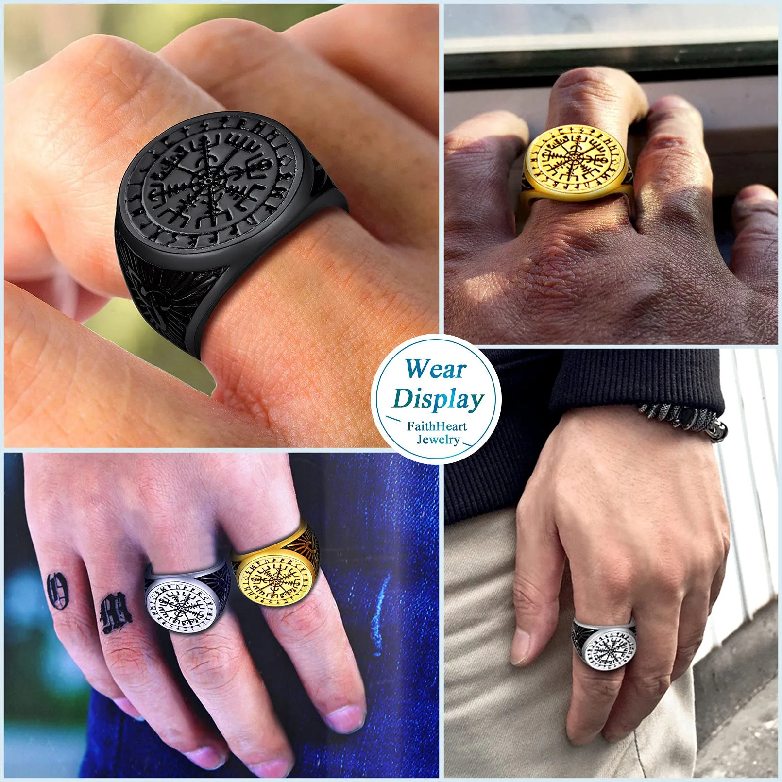 FaithHeart Anello Uomo Vichingo Bussola Vegvisir Mitologia Nordica Rune e Nodo Celtico, Argento, Taglia IT 27 - immagine 7