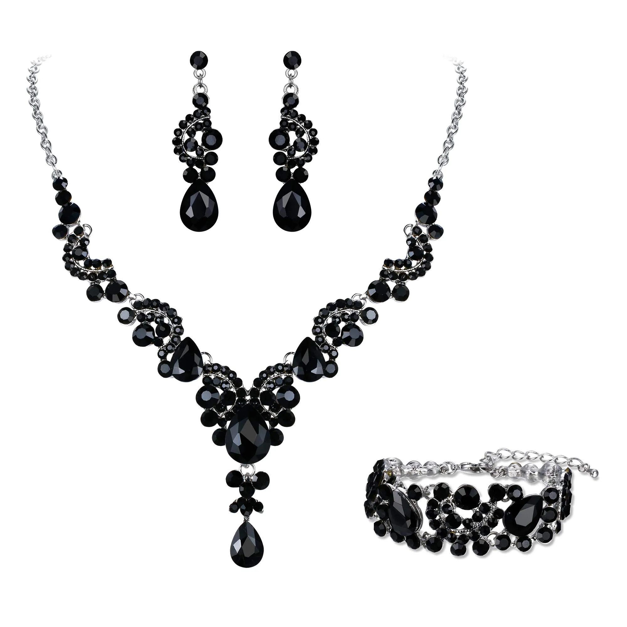 EVER FAITH Set di Gioielli con Cristalli Art Deco Floreale, Collana, Braccialetto, Anello e Orecchini, Nero Argento-Fondo - immagine 1