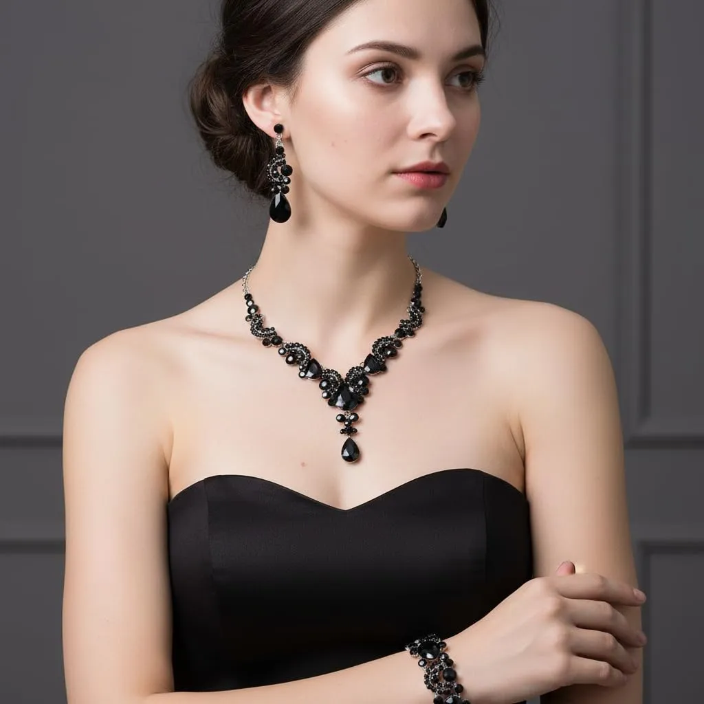 EVER FAITH Set di Gioielli con Cristalli Art Deco Floreale, Collana, Braccialetto, Anello e Orecchini, Nero Argento-Fondo - immagine 2