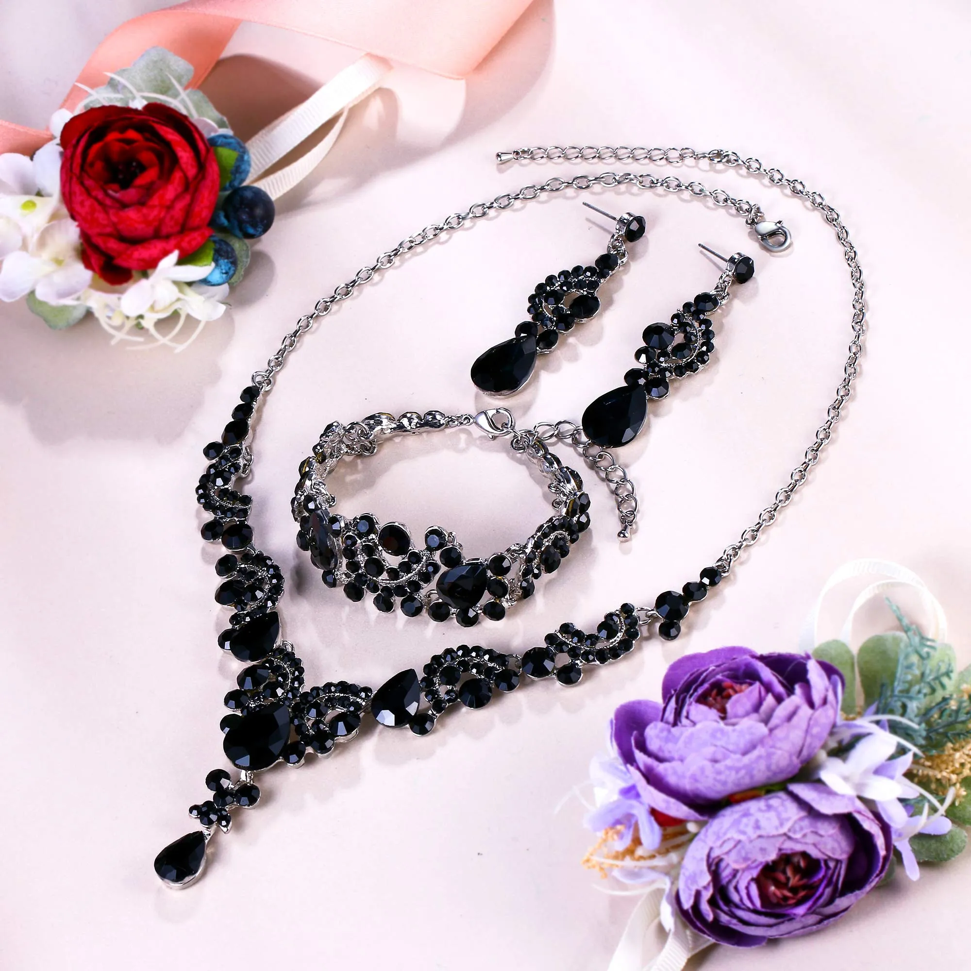EVER FAITH Set di Gioielli con Cristalli Art Deco Floreale, Collana, Braccialetto, Anello e Orecchini, Nero Argento-Fondo - immagine 3