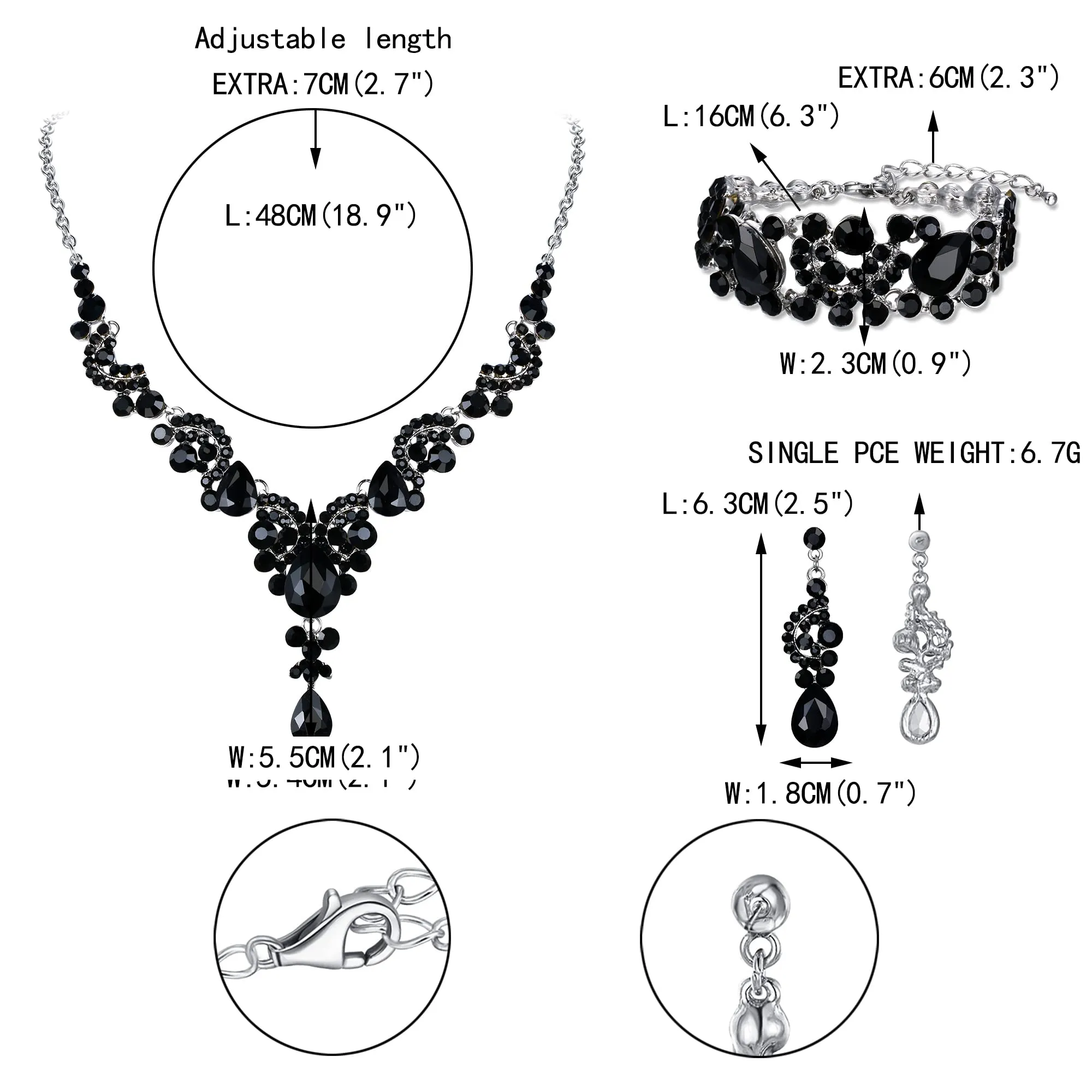 EVER FAITH Set di Gioielli con Cristalli Art Deco Floreale, Collana, Braccialetto, Anello e Orecchini, Nero Argento-Fondo - immagine 4