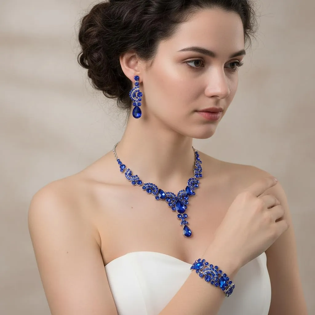 EVER FAITH Set di Gioielli in Cristallo con Collana, Bracciale, Anello e Orecchini, Design Art Deco Floreale Onda Goccia - immagine 2