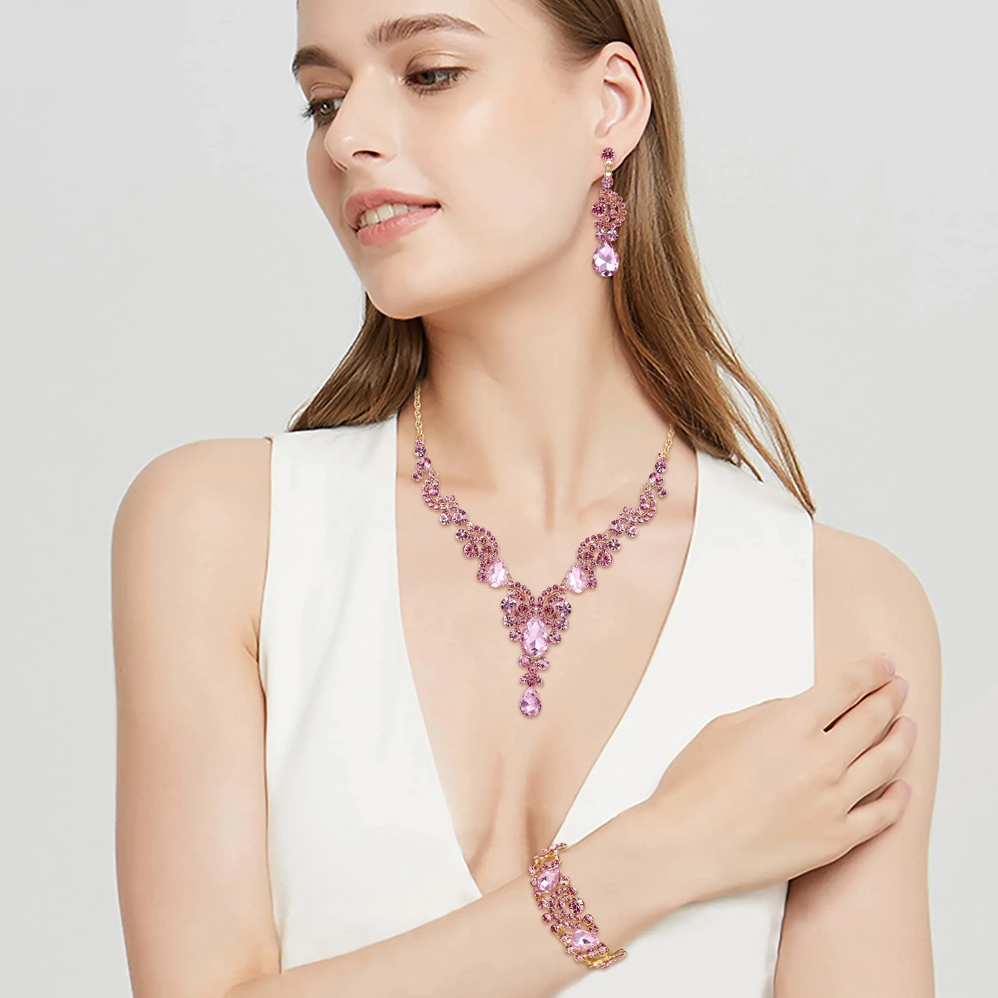 EVER FAITH Set di Gioielli in Cristallo Art Deco Floreale con Collana, Bracciale, Anello e Orecchini - immagine 2