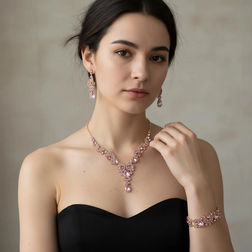 EVER FAITH Set di Gioielli in Cristallo Art Deco Floreale con Collana, Bracciale, Anello e Orecchini - immagine 3