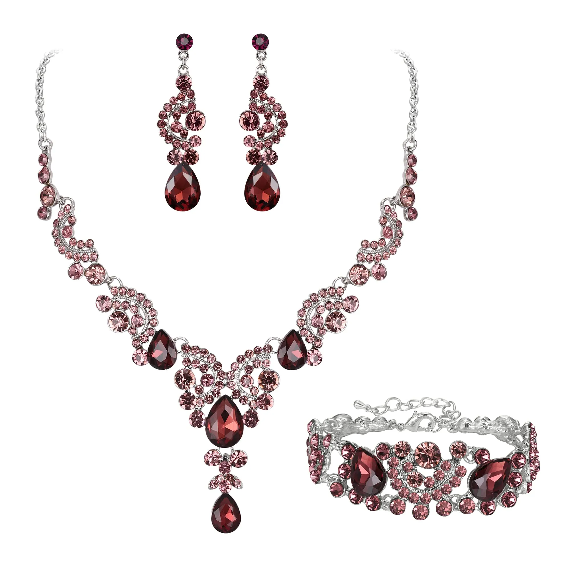 EVER FAITH Set di Gioielli in Cristallo con Collana, Bracciale e Orecchini, Design Art Deco Floreale a Goccia - immagine 1