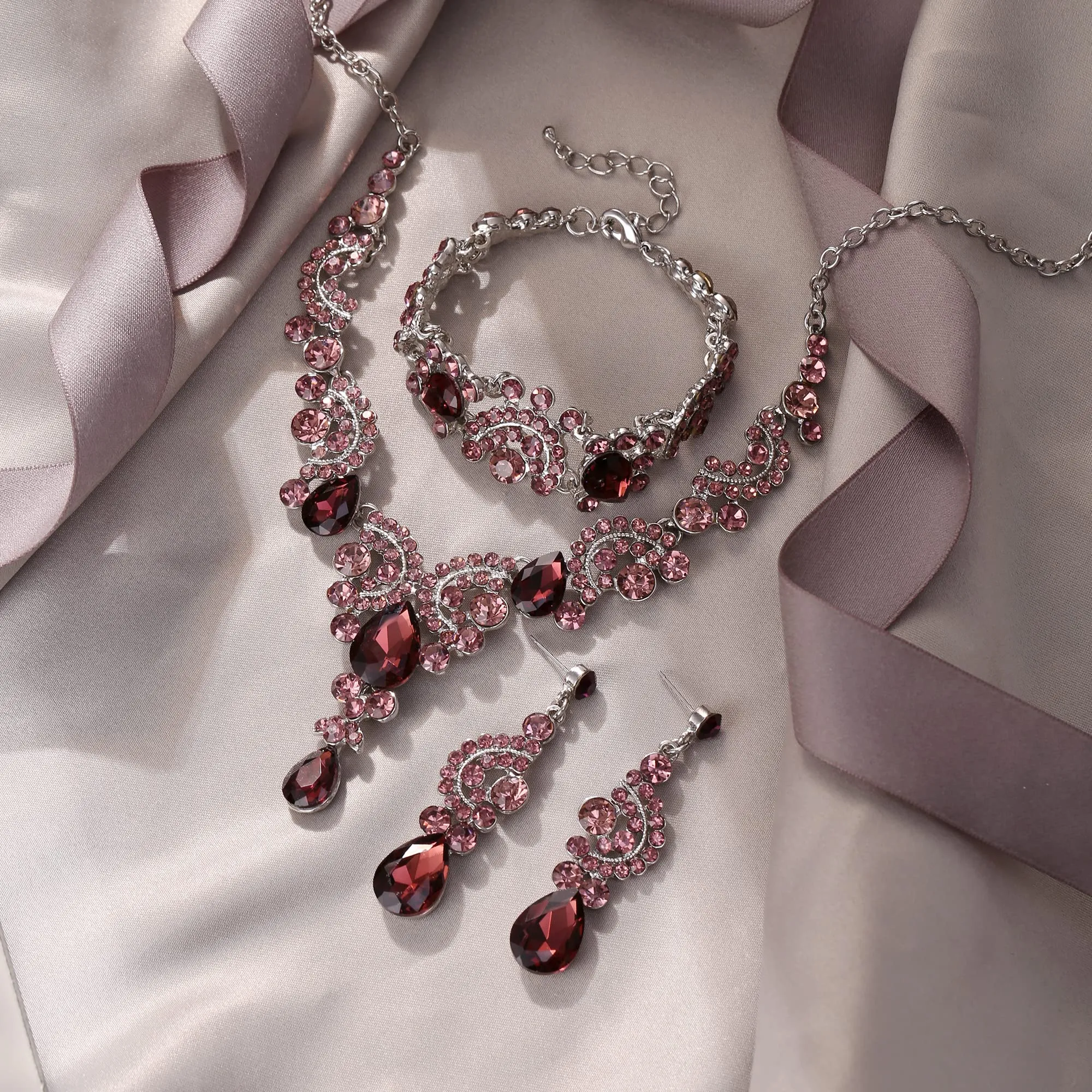 EVER FAITH Set di Gioielli in Cristallo con Collana, Bracciale e Orecchini, Design Art Deco Floreale a Goccia - immagine 3