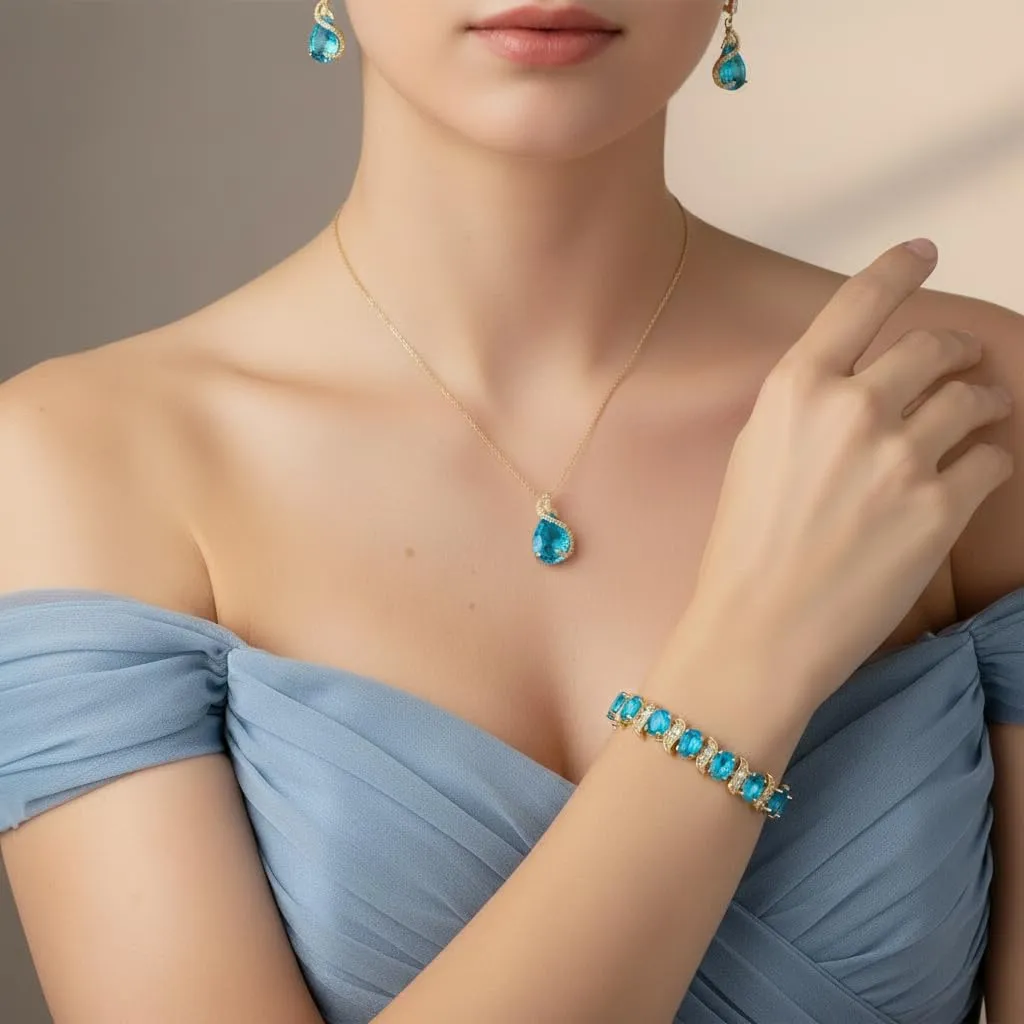 EVER FAITH Set di gioielli da sposa con Smeraldo e Zirconia Cubica, Collana, Orecchini, Bracciale e Anello - immagine 2