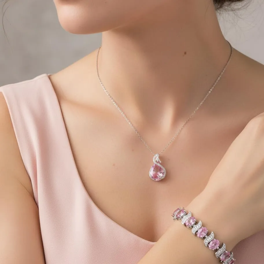 EVER FAITH Bridal Goccia Zirconia Cubica Set di Gioielli per Sposa e Damigella d'Onore, Collana, Orecchini, Bracciale Tennis e Anelli Aperti, Rosa Argento Fondo - immagine 2