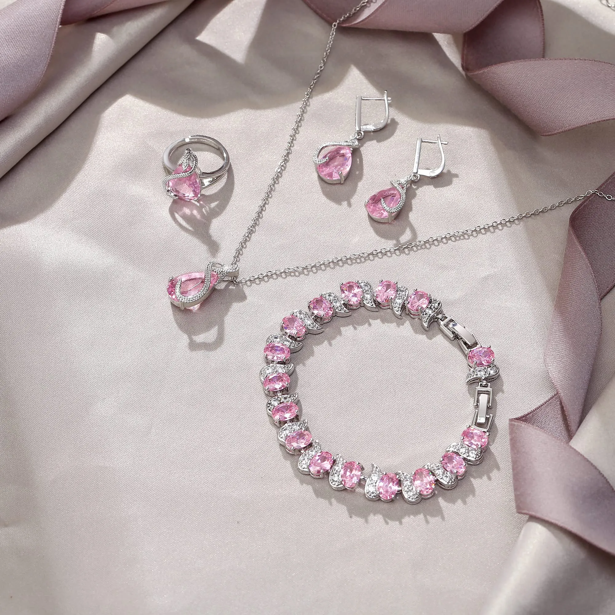 EVER FAITH Bridal Goccia Zirconia Cubica Set di Gioielli per Sposa e Damigella d'Onore, Collana, Orecchini, Bracciale Tennis e Anelli Aperti, Rosa Argento Fondo - immagine 4