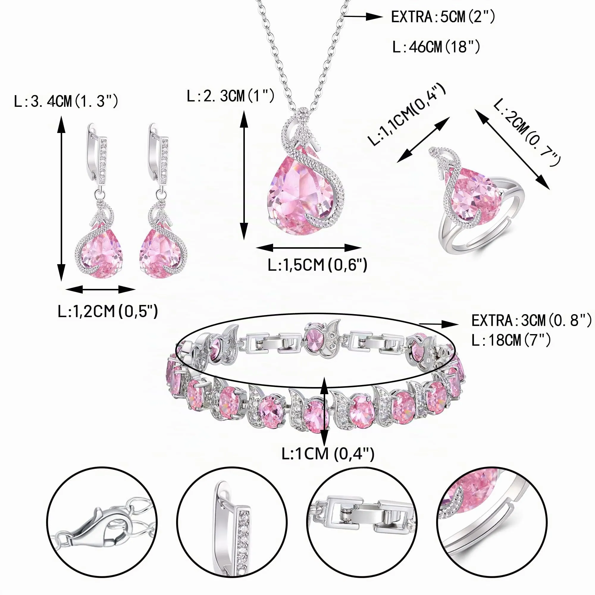 EVER FAITH Bridal Goccia Zirconia Cubica Set di Gioielli per Sposa e Damigella d'Onore, Collana, Orecchini, Bracciale Tennis e Anelli Aperti, Rosa Argento Fondo - immagine 5