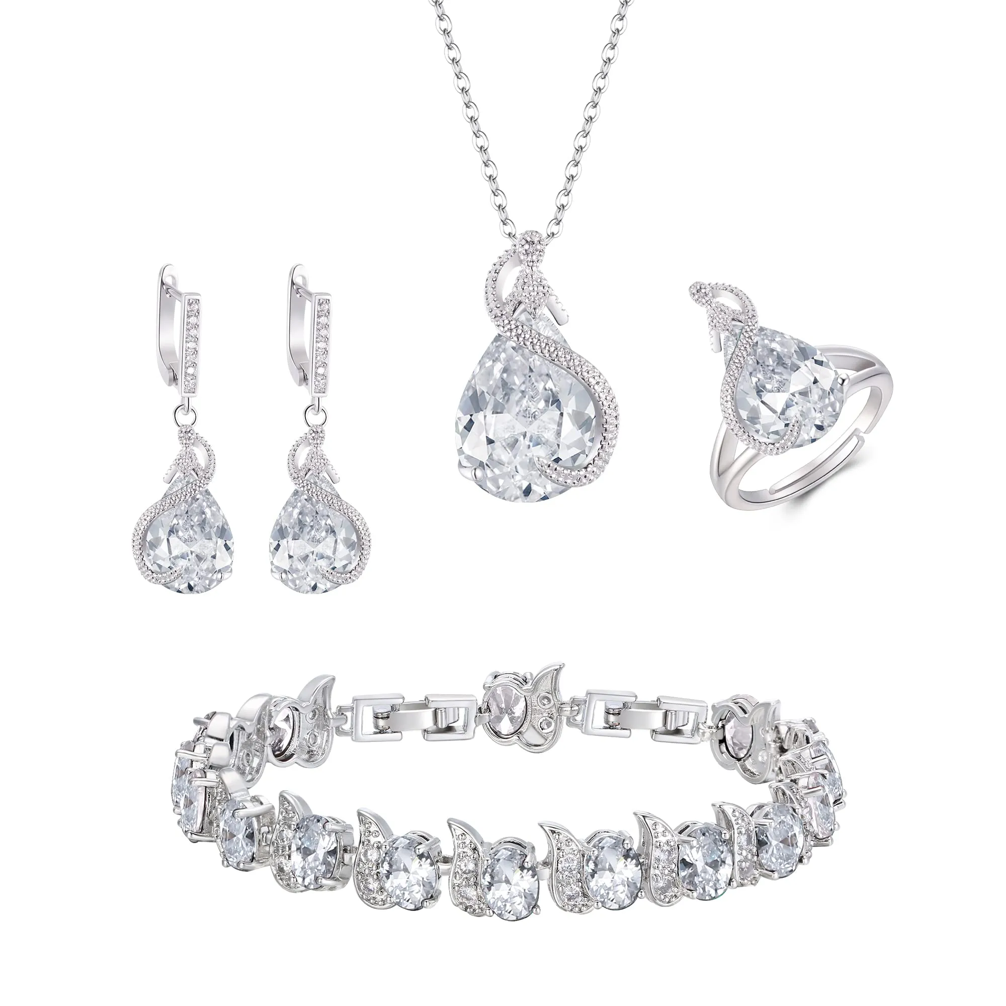 EVER FAITH Set di Gioielli Goccia Zirconia Cubica per Sposa e Damigella d'Onore - Collana, Orecchini, Bracciale Tennis e Anello Aperto, Argento Fondo Trasparente - immagine 1