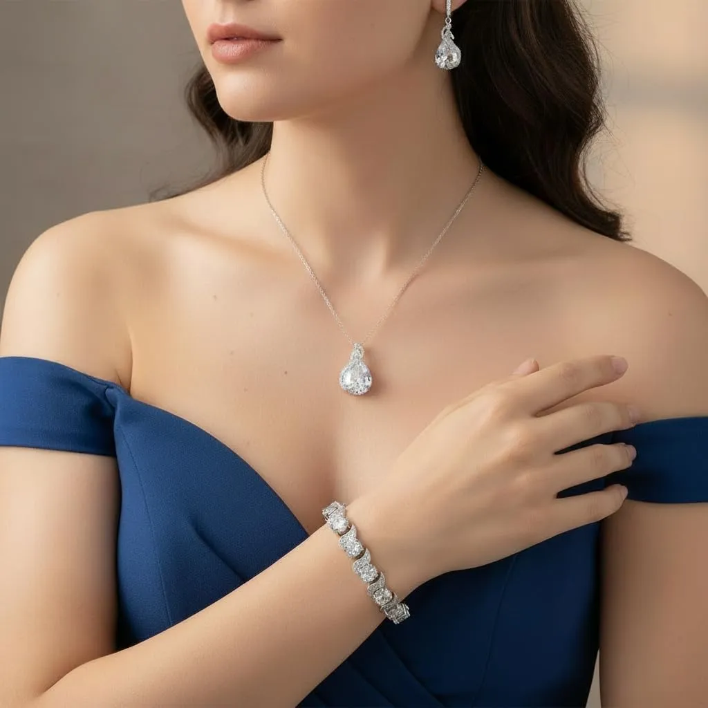 EVER FAITH Set di Gioielli Goccia Zirconia Cubica per Sposa e Damigella d'Onore - Collana, Orecchini, Bracciale Tennis e Anello Aperto, Argento Fondo Trasparente - immagine 2