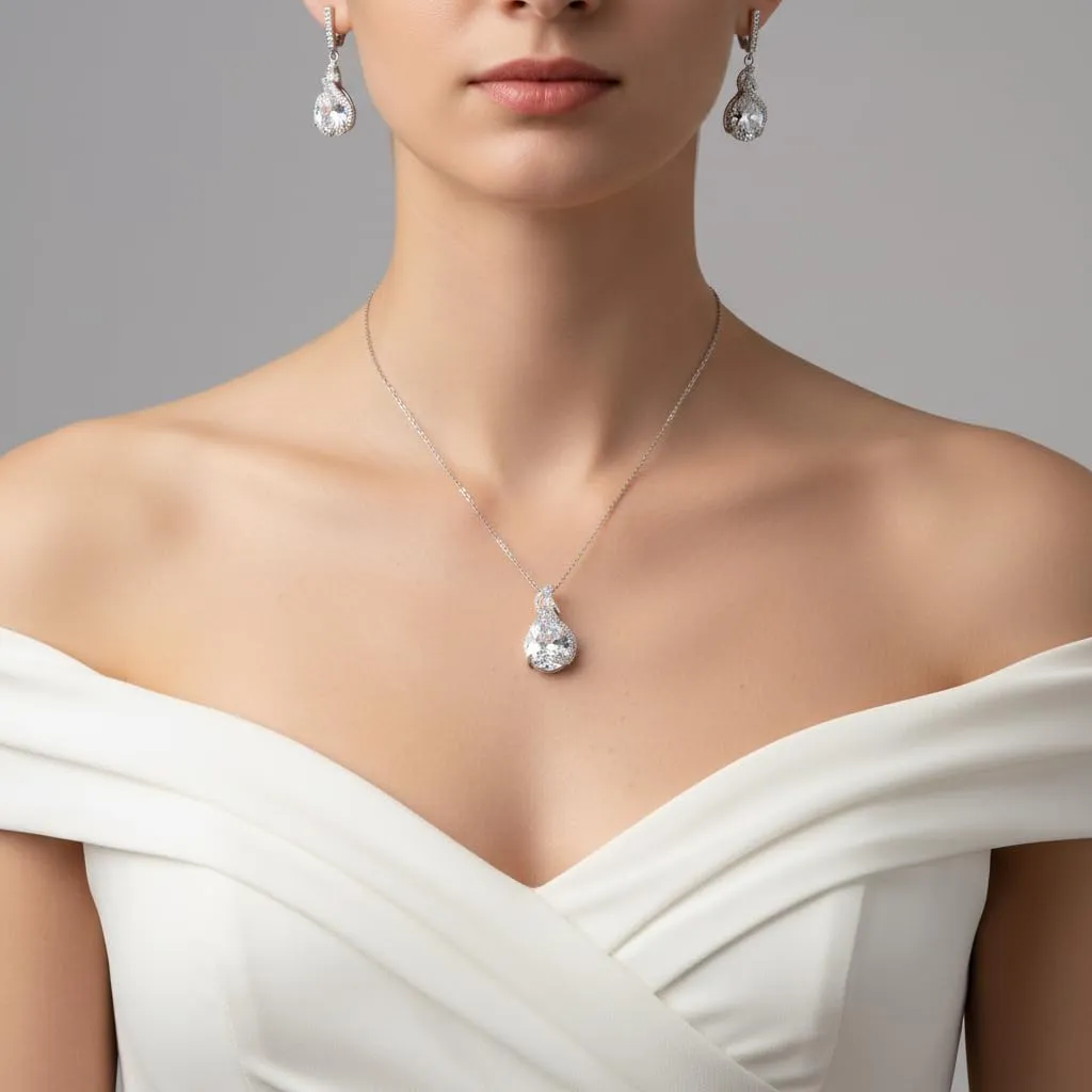 EVER FAITH Set di Gioielli Goccia Zirconia Cubica per Sposa e Damigella d'Onore - Collana, Orecchini, Bracciale Tennis e Anello Aperto, Argento Fondo Trasparente - immagine 3